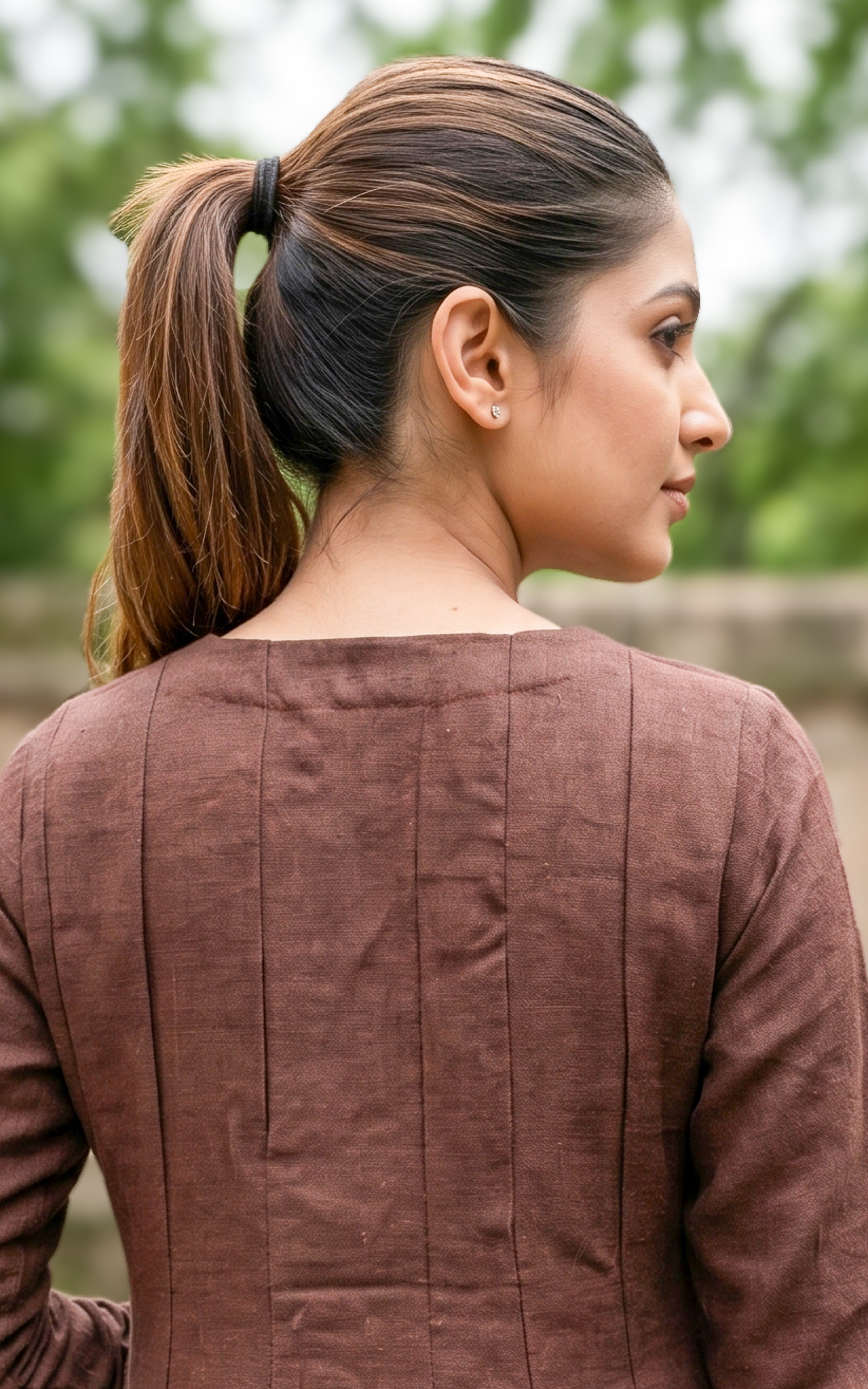Instore – Brown Slub Synthetic Anarkali Kurti with Dupatta for Women – Gathered Sleeves – Ethnic Wear
