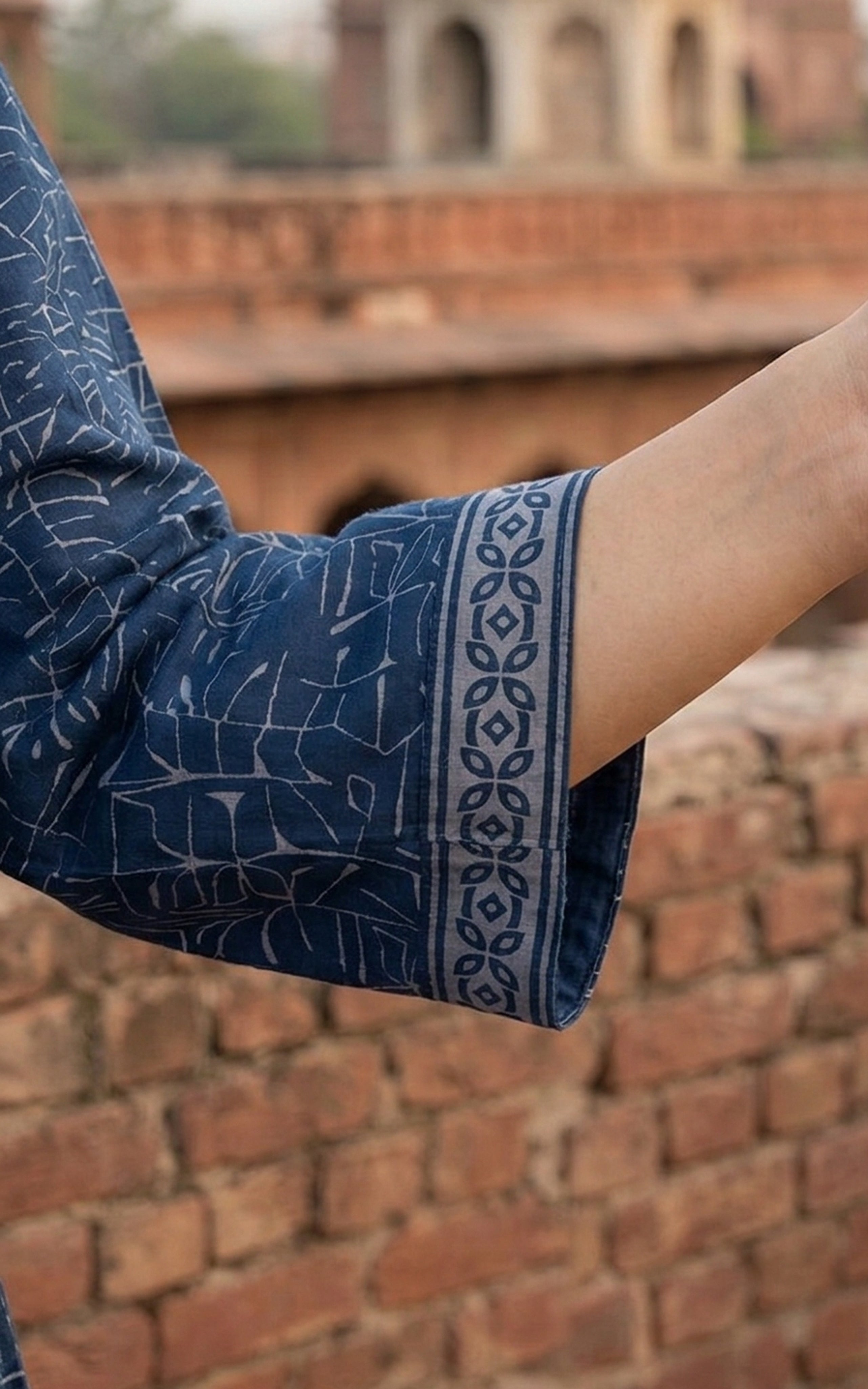 Instore - Navy Blue Color Cotton Printed Aline Kurti with Bell Sleeves and One Side Pocket, No Lining