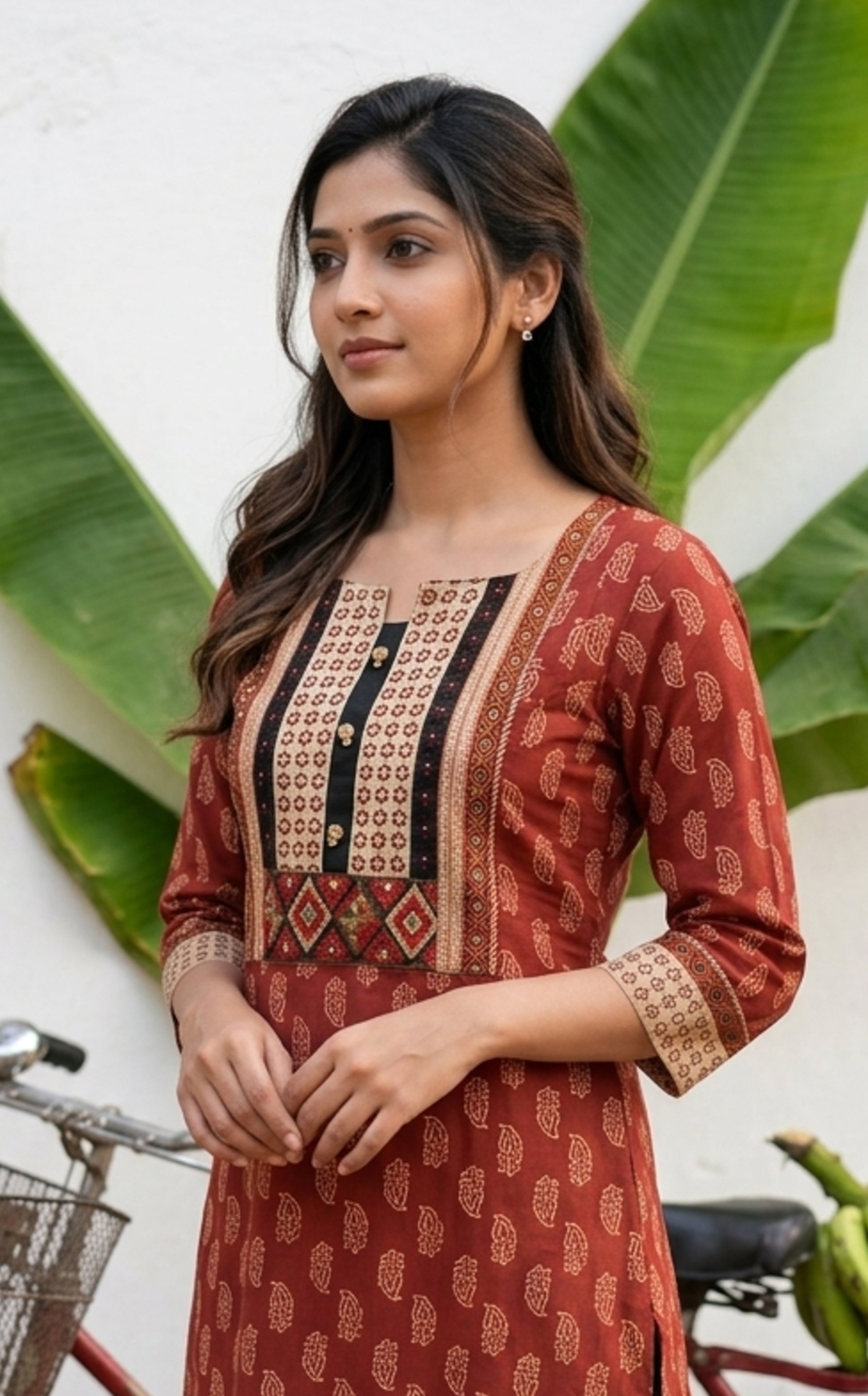 Stylish Rust Cotton A Line Kurti For Women