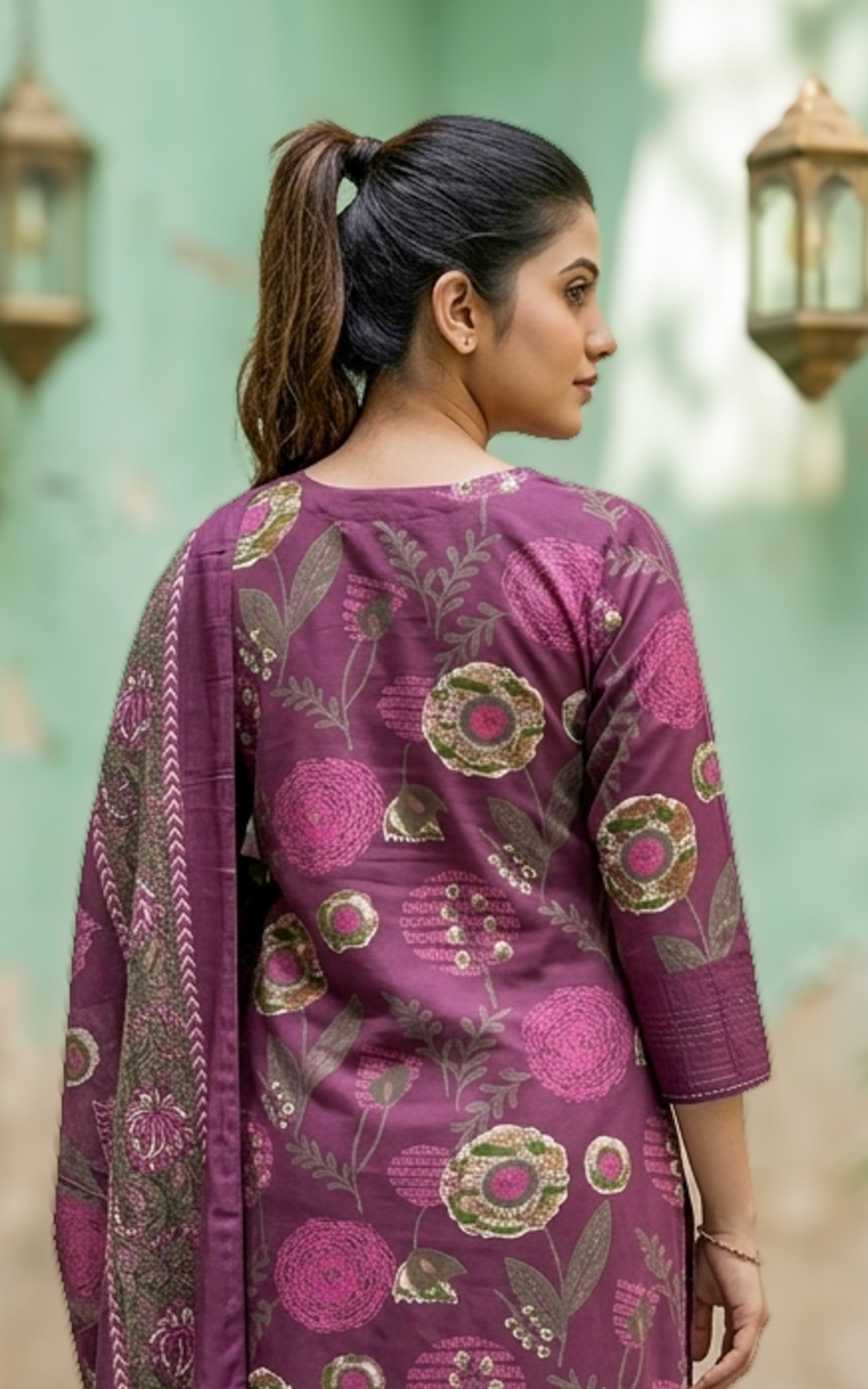 Woman wearing a purple floral patterned outfit