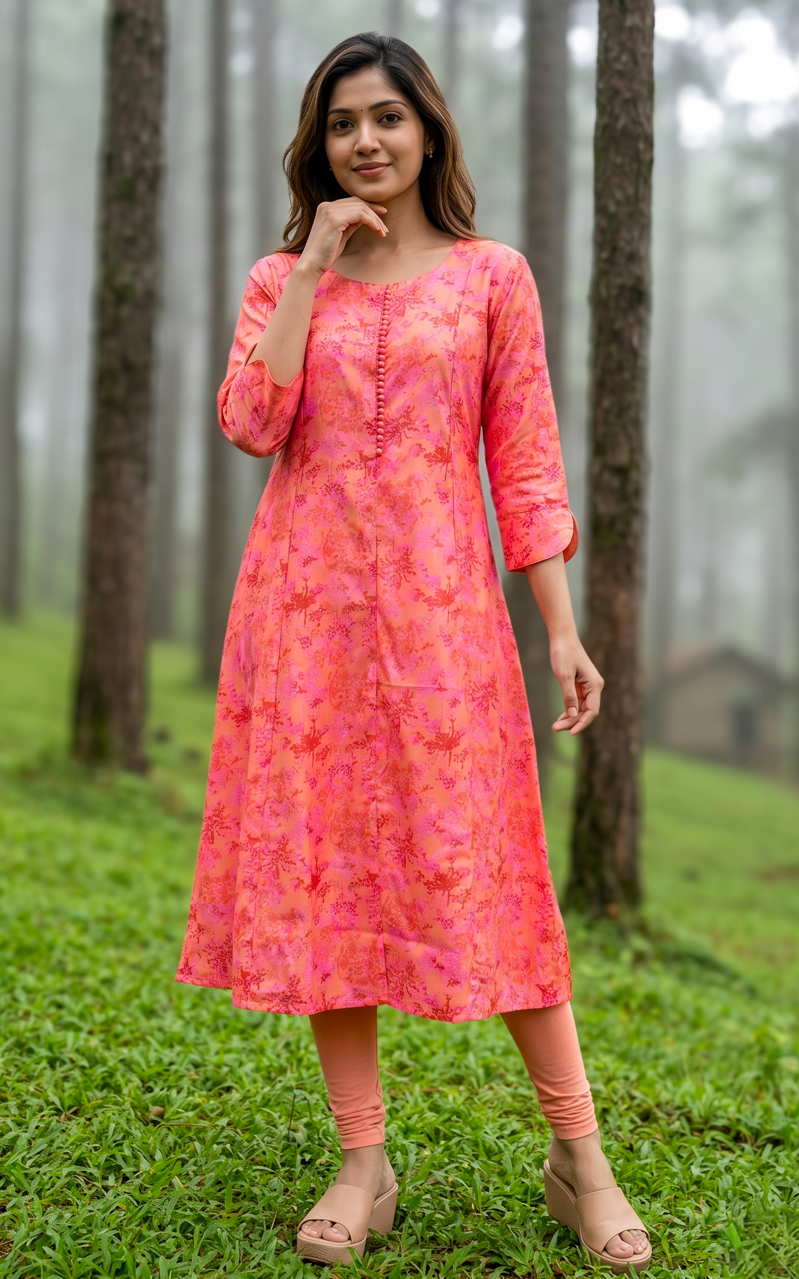 Dark peach kurti with decorative buttons for women