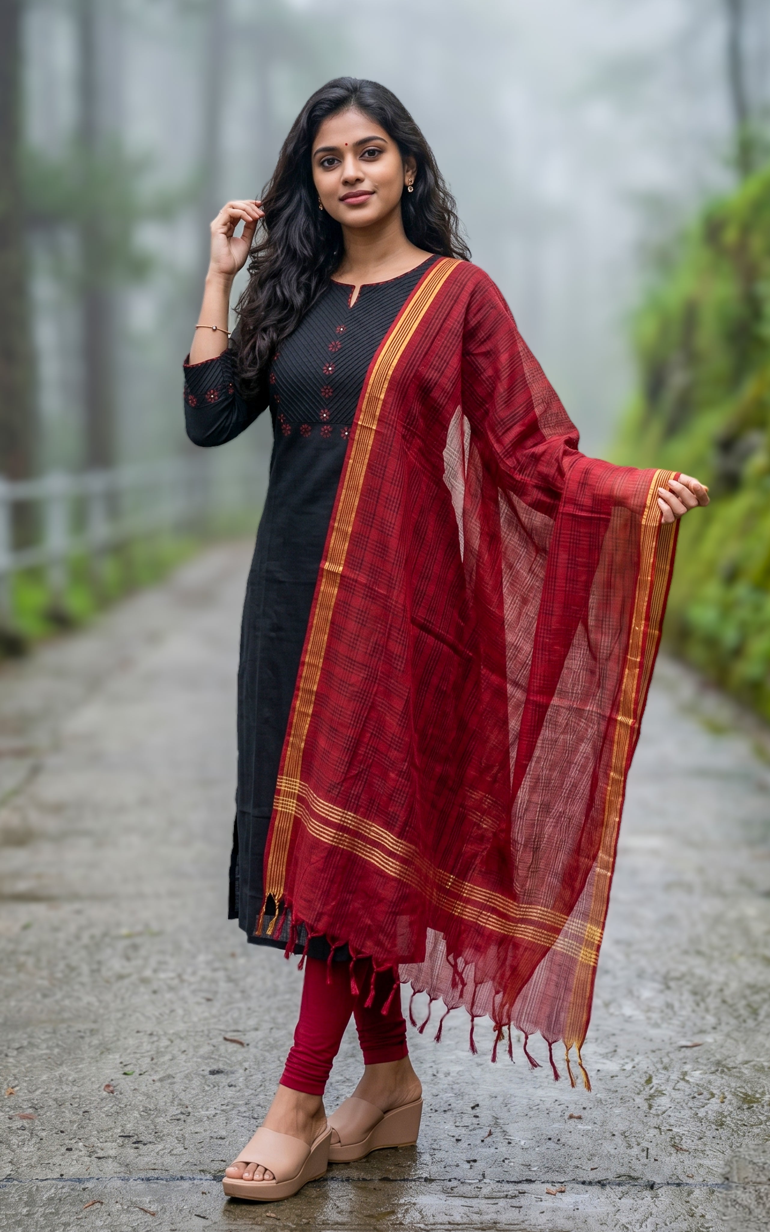 Instore – Black Cotton Straight Cut Kurti with Dupatta for Women – Side Slit – Ethnic Wear