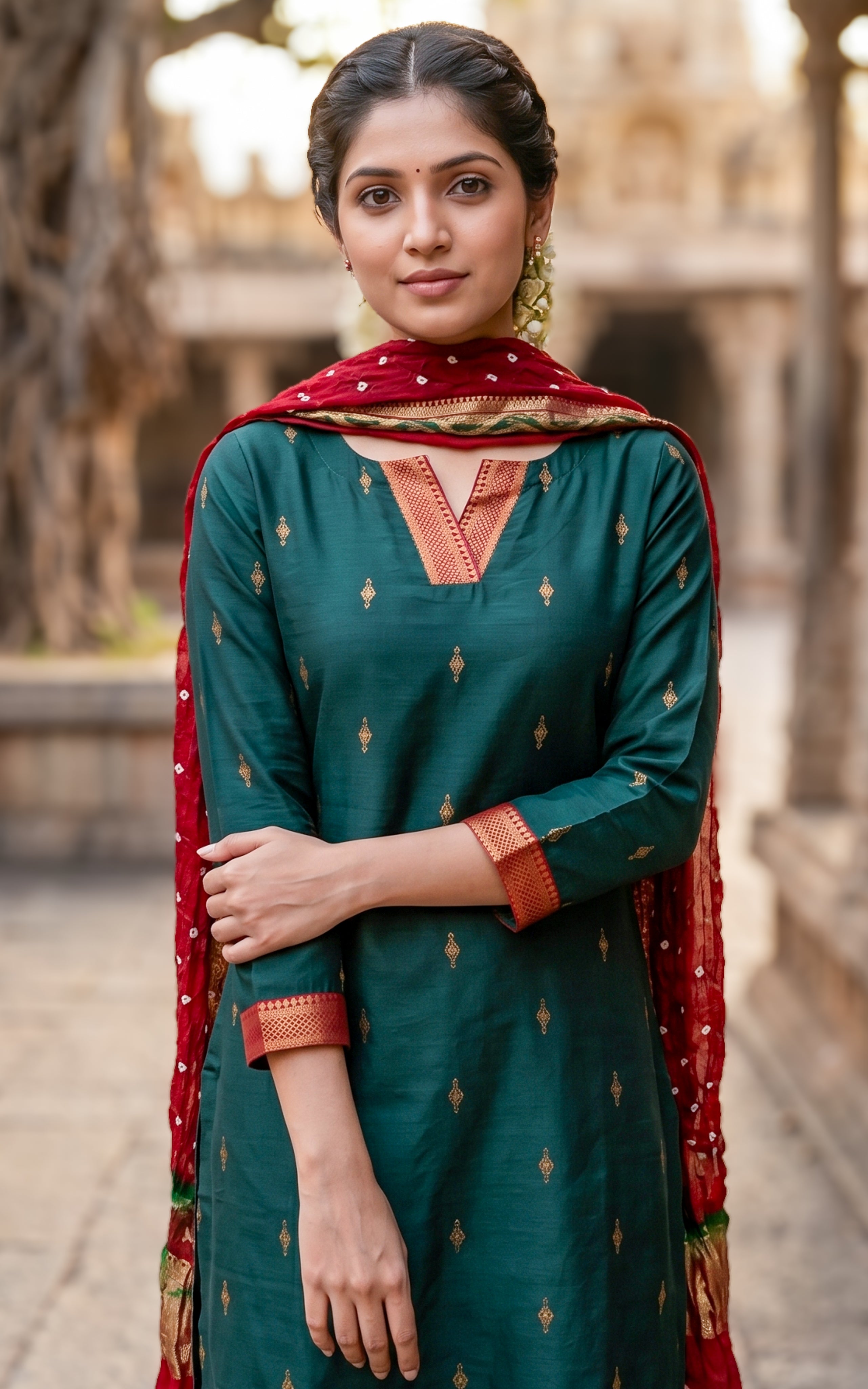 Bottle green kurti with Bandhani dupatta for women