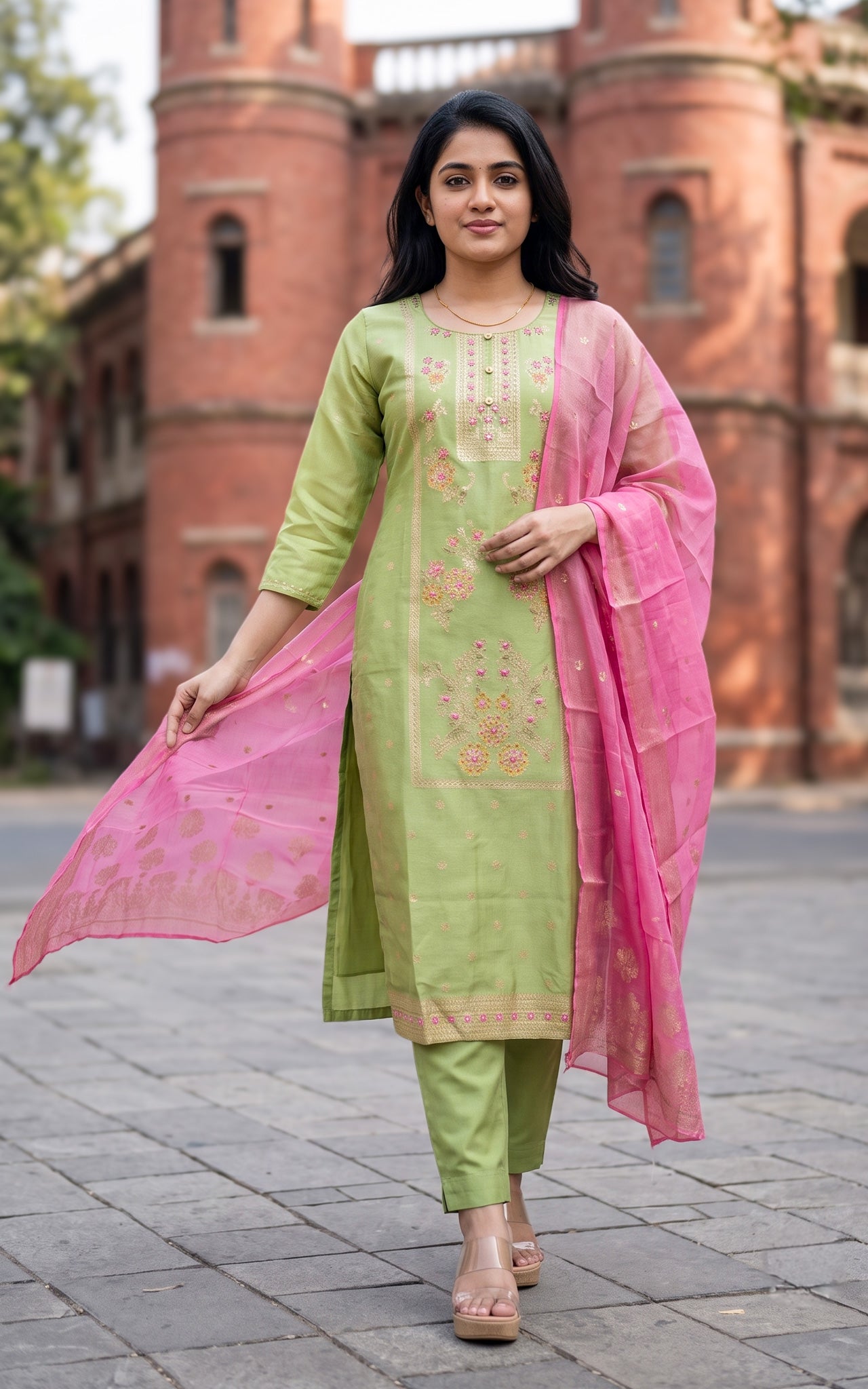 Pista Green Art Silk Ethnic Wear Kurti Set for Women