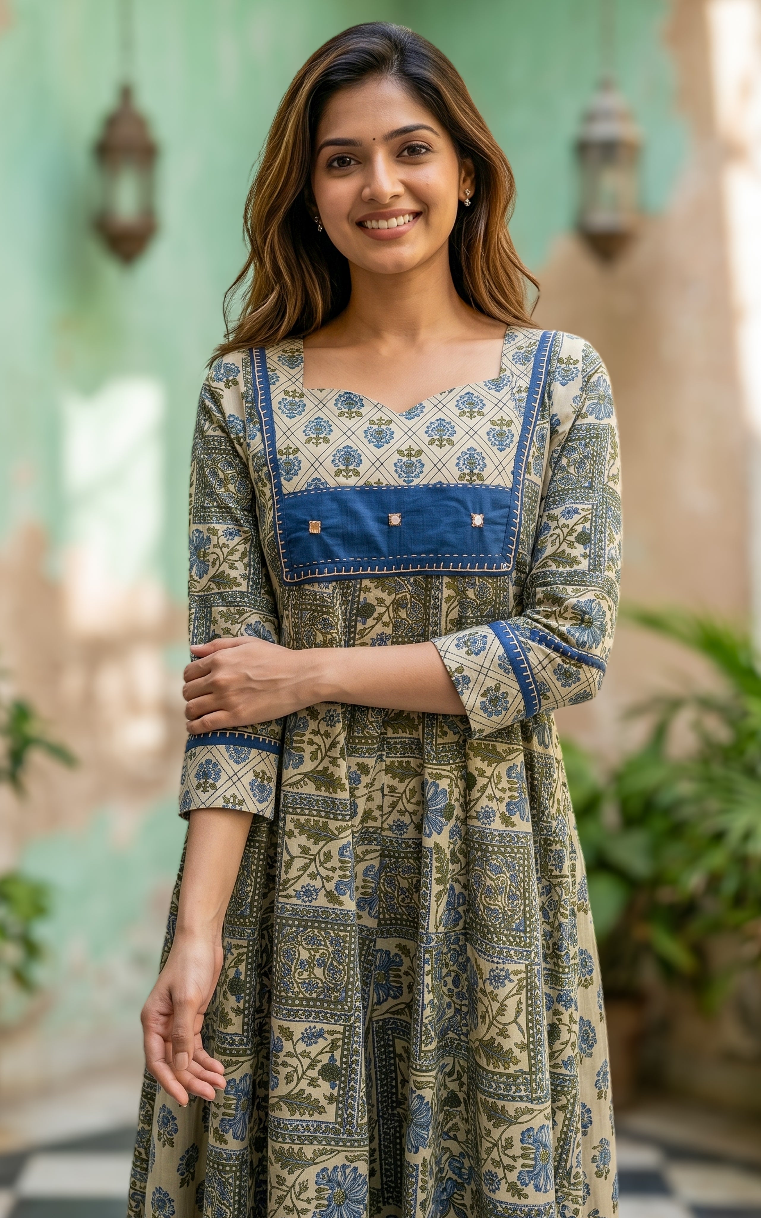 Elegant anarkali with mirror work detail
Comfortable flared cotton kurti