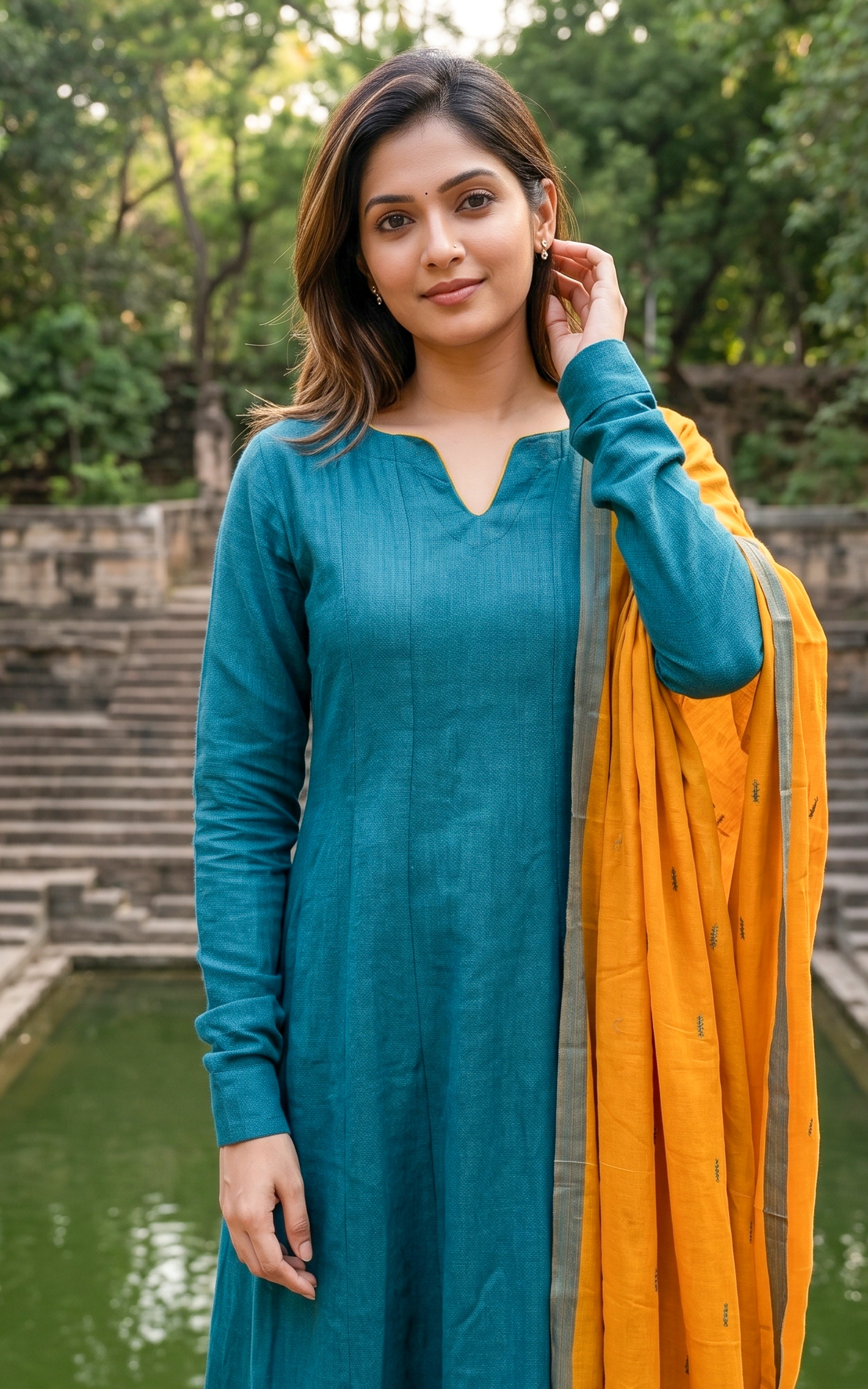 Instore – Teal Green Slub Synthetic Anarkali Kurti with Dupatta for Women – Gathered Sleeves – Ethnic Wear