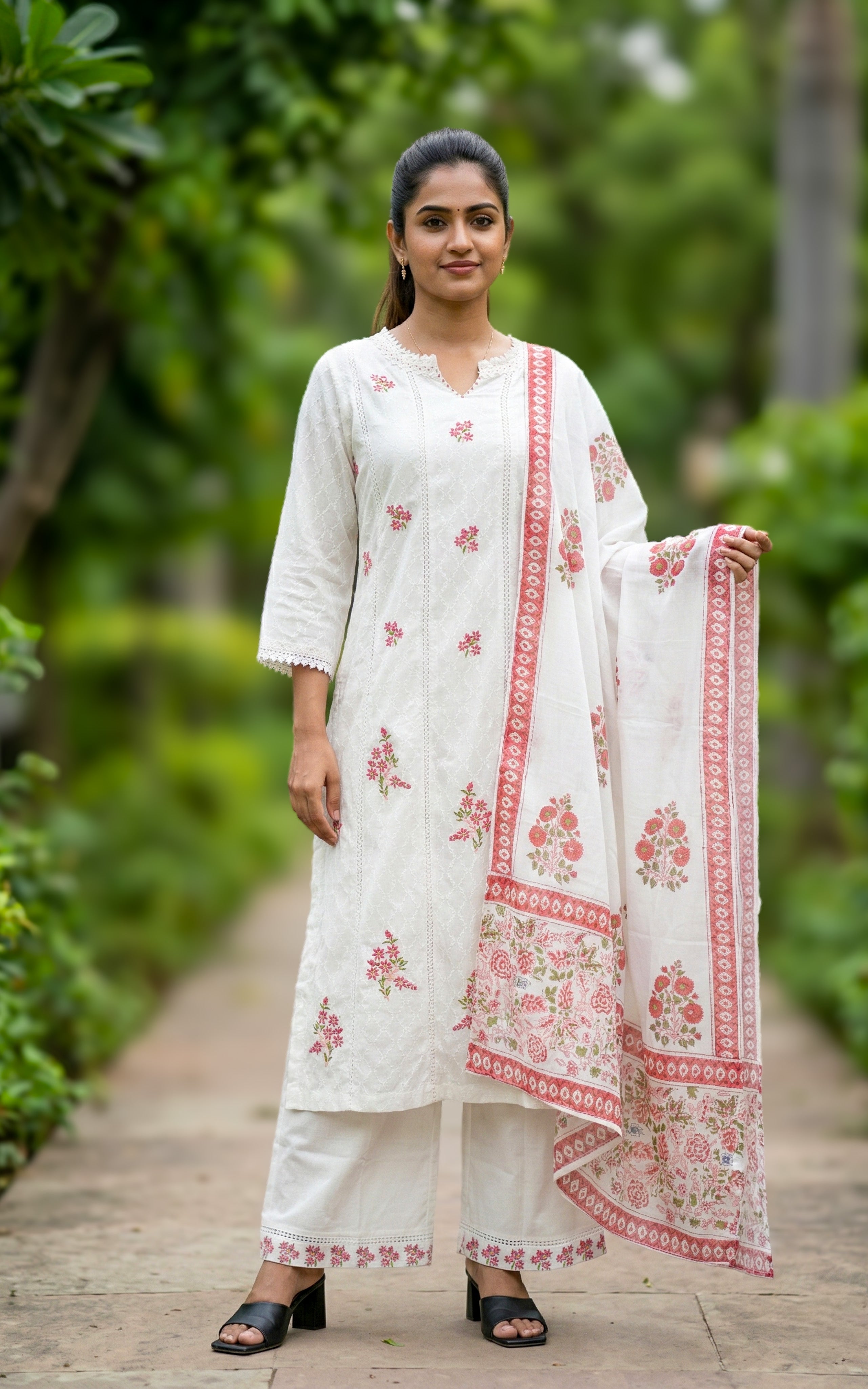 stylish white cotton kurti palazzo set
trendy floral embroidered kurti
modern aline kurti with palazzo pant
everyday casual kurti set for college girls