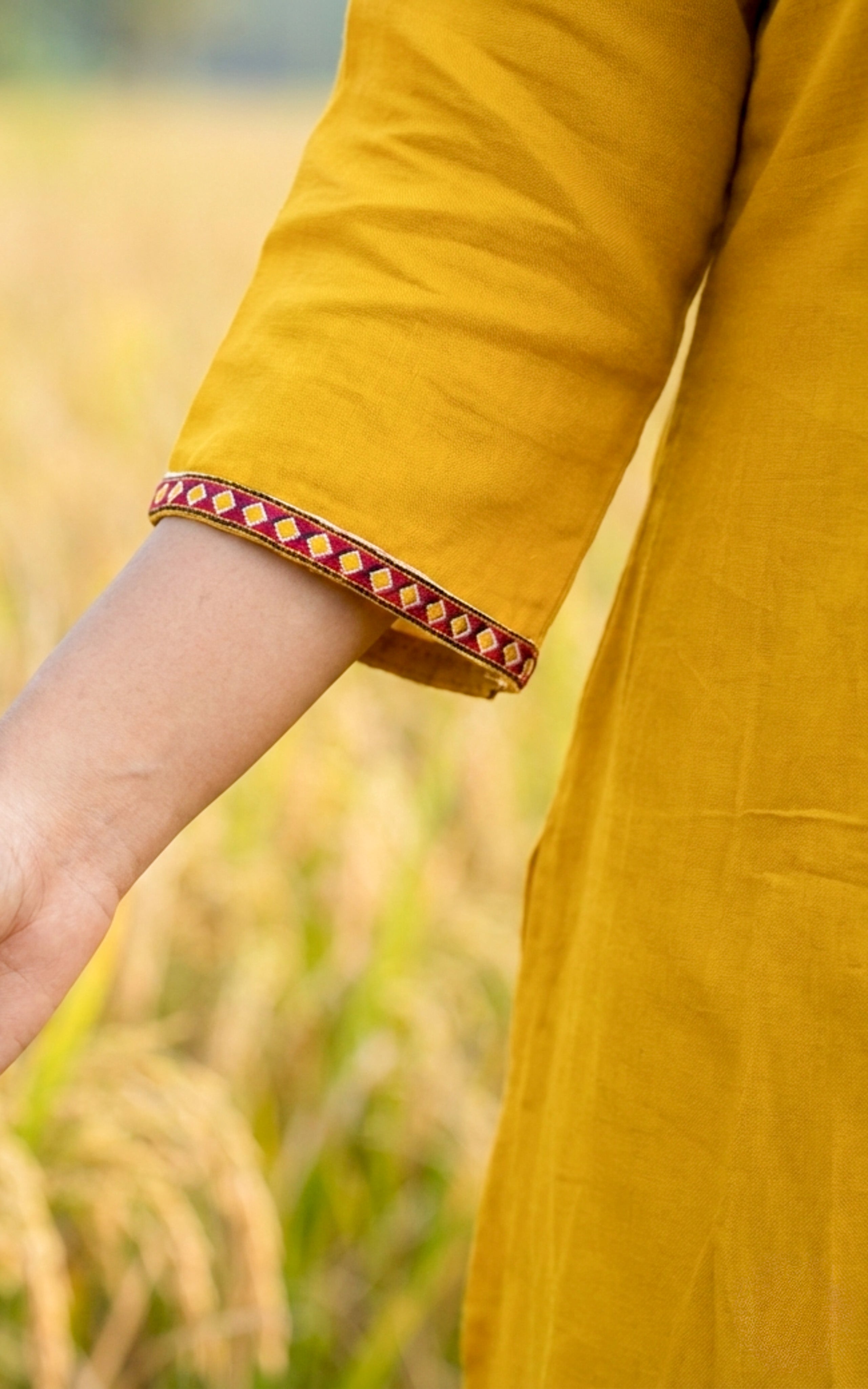 Instore - Mustard Cotton, V-Neck Embroidery Aline Kurti with Side Slit with Dupatta & Full Elastic Waistband Pant