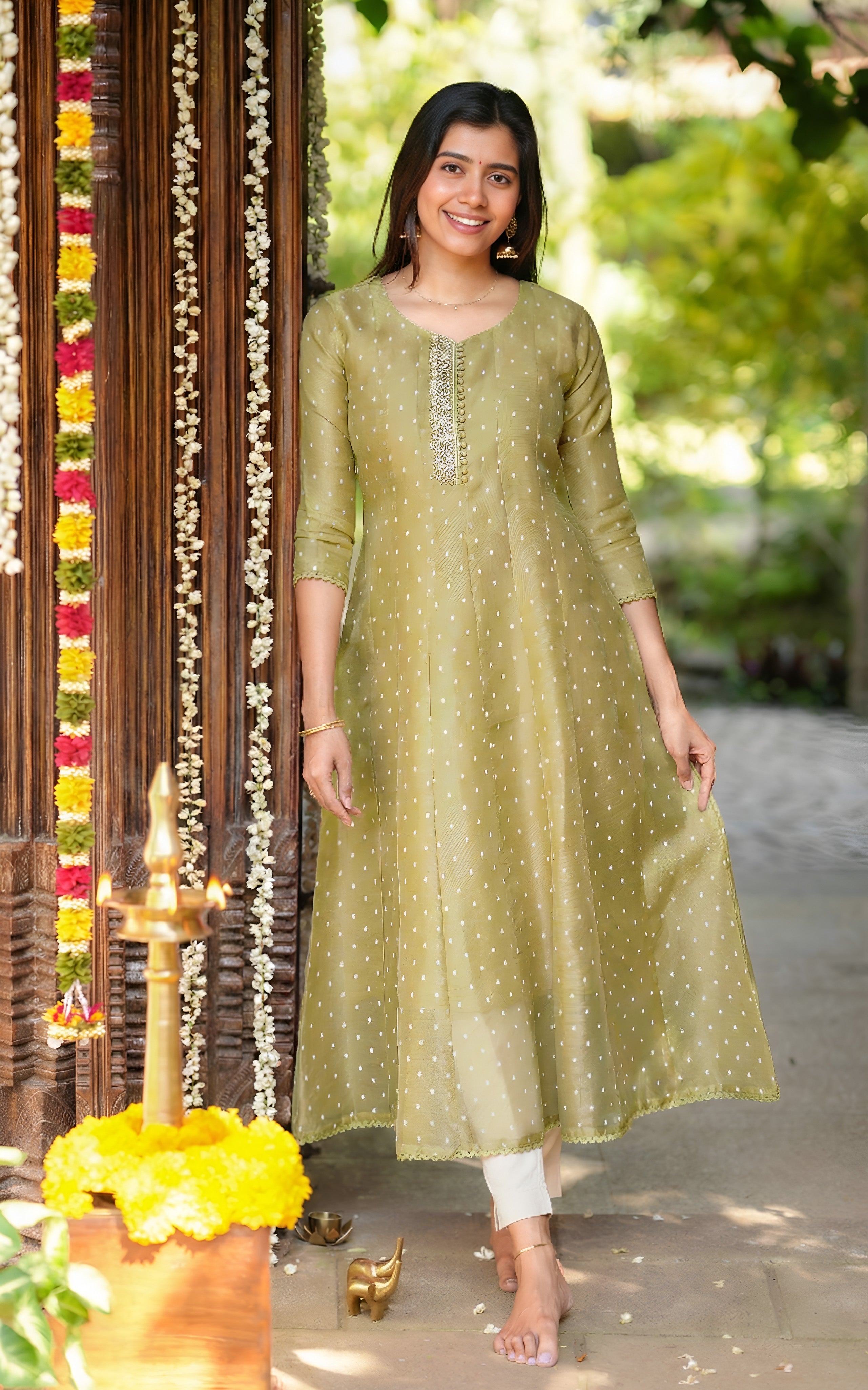 Instore - Pista green Chanderi A-line kurti with Zari Embroidery & Butter Crepe Lining