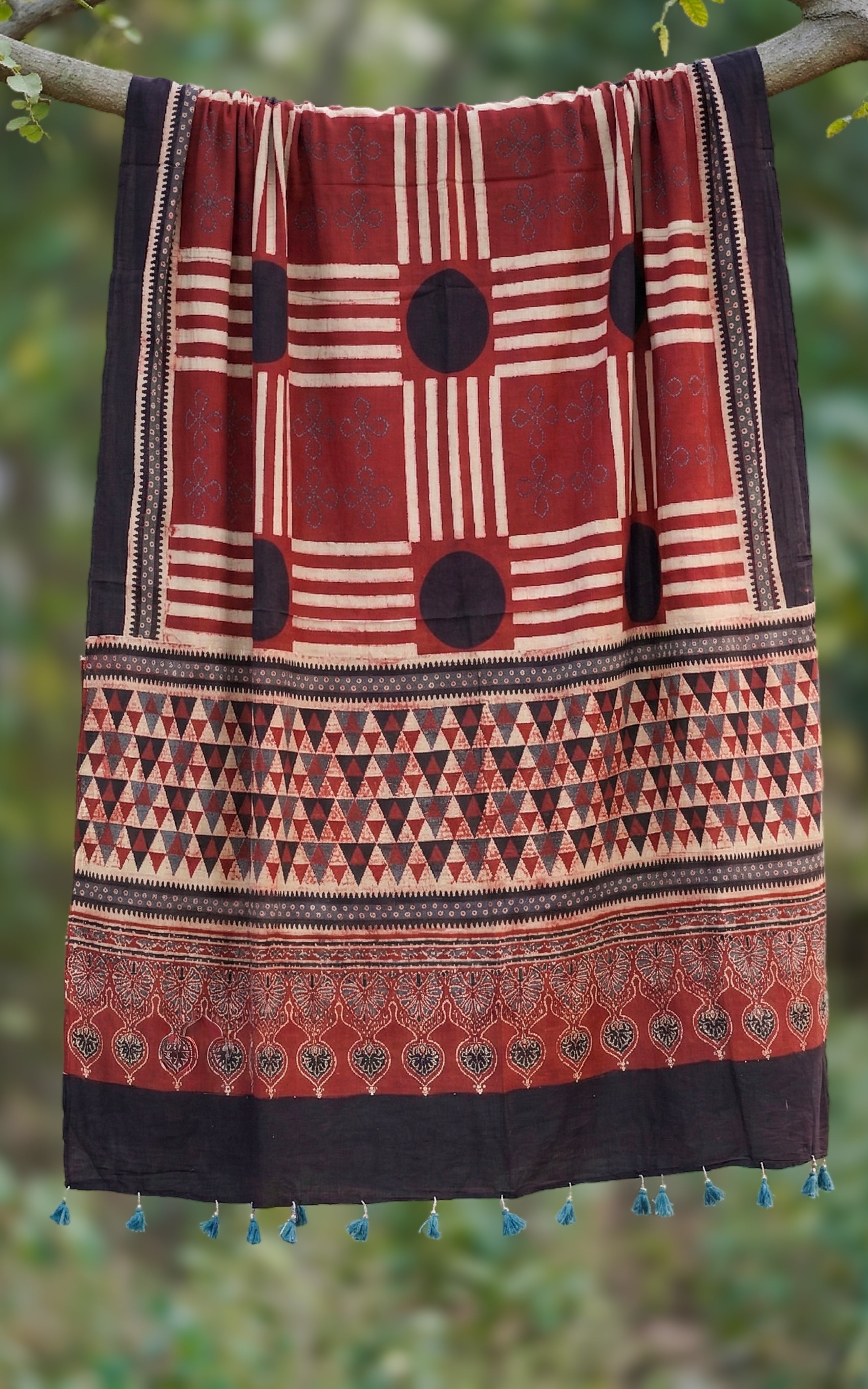 Instore – Earthy Tones Handblock Printed Dupatta for Women – Cotton – Tassels – Ethnic Wear