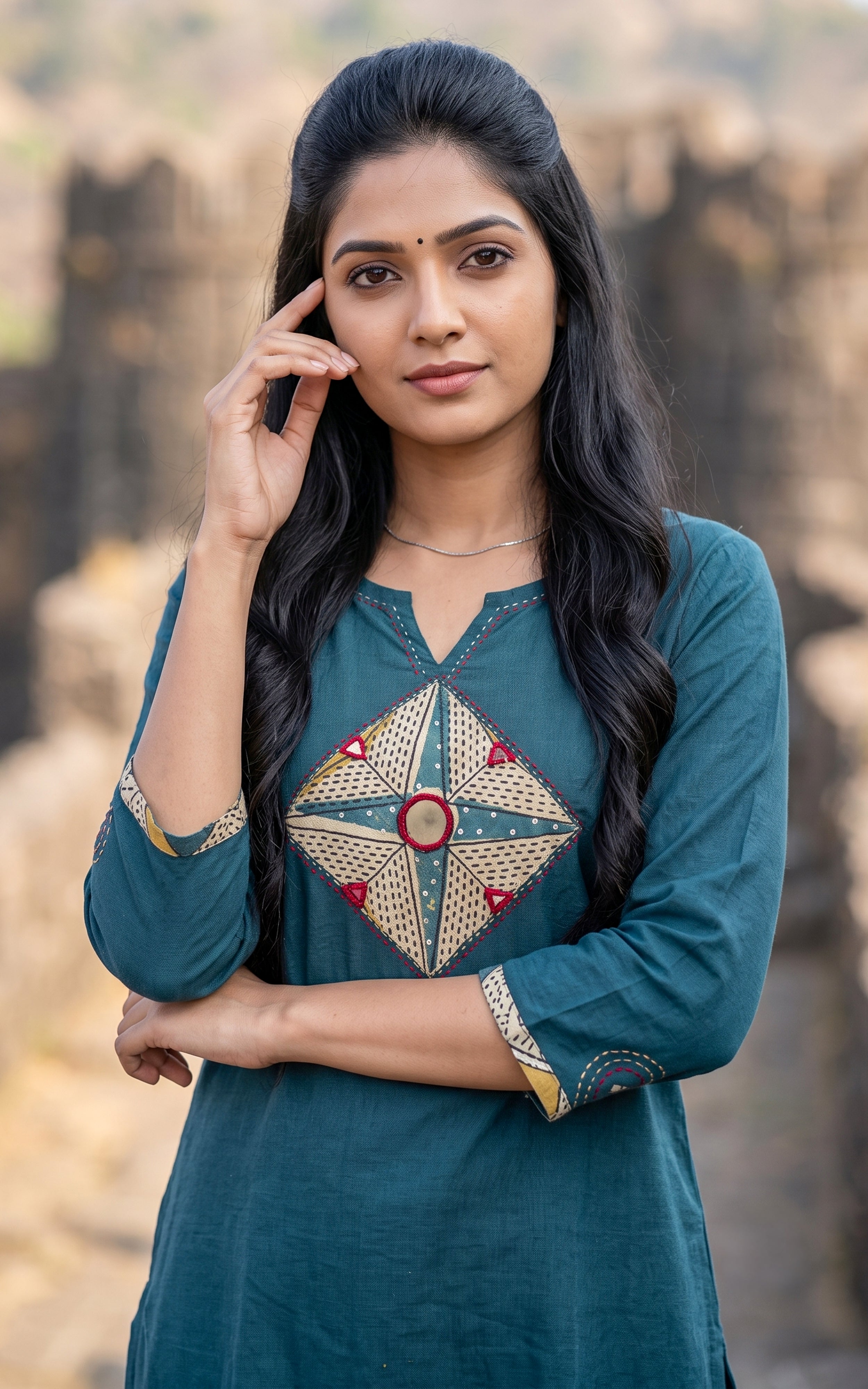 Peacock Blue Cotton Daily Wear Kurti Set for Women