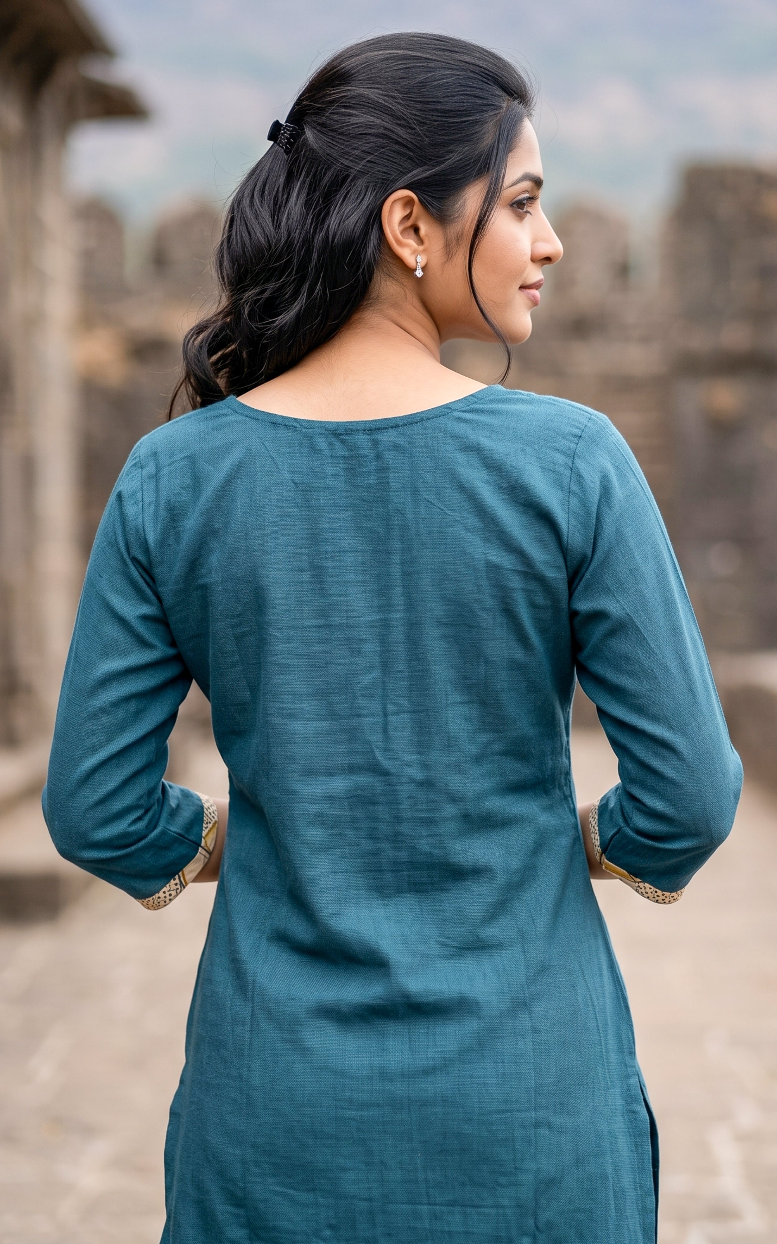 Peacock Blue Cotton Kurti Set with Straight-Fit Pant for Women