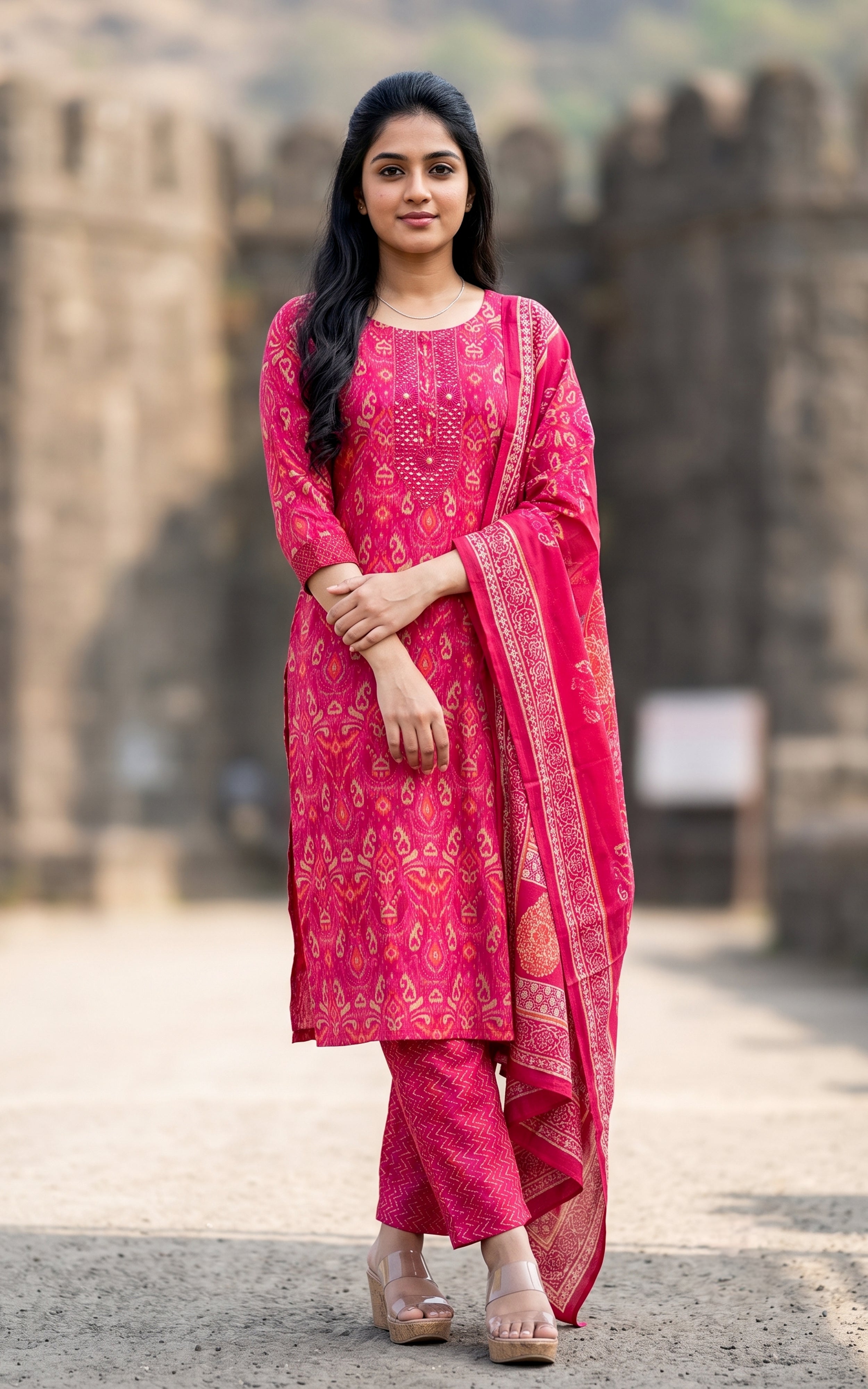 Reddish Pink Art Silk Daily Wear Kurti Set with Dupatta for Women