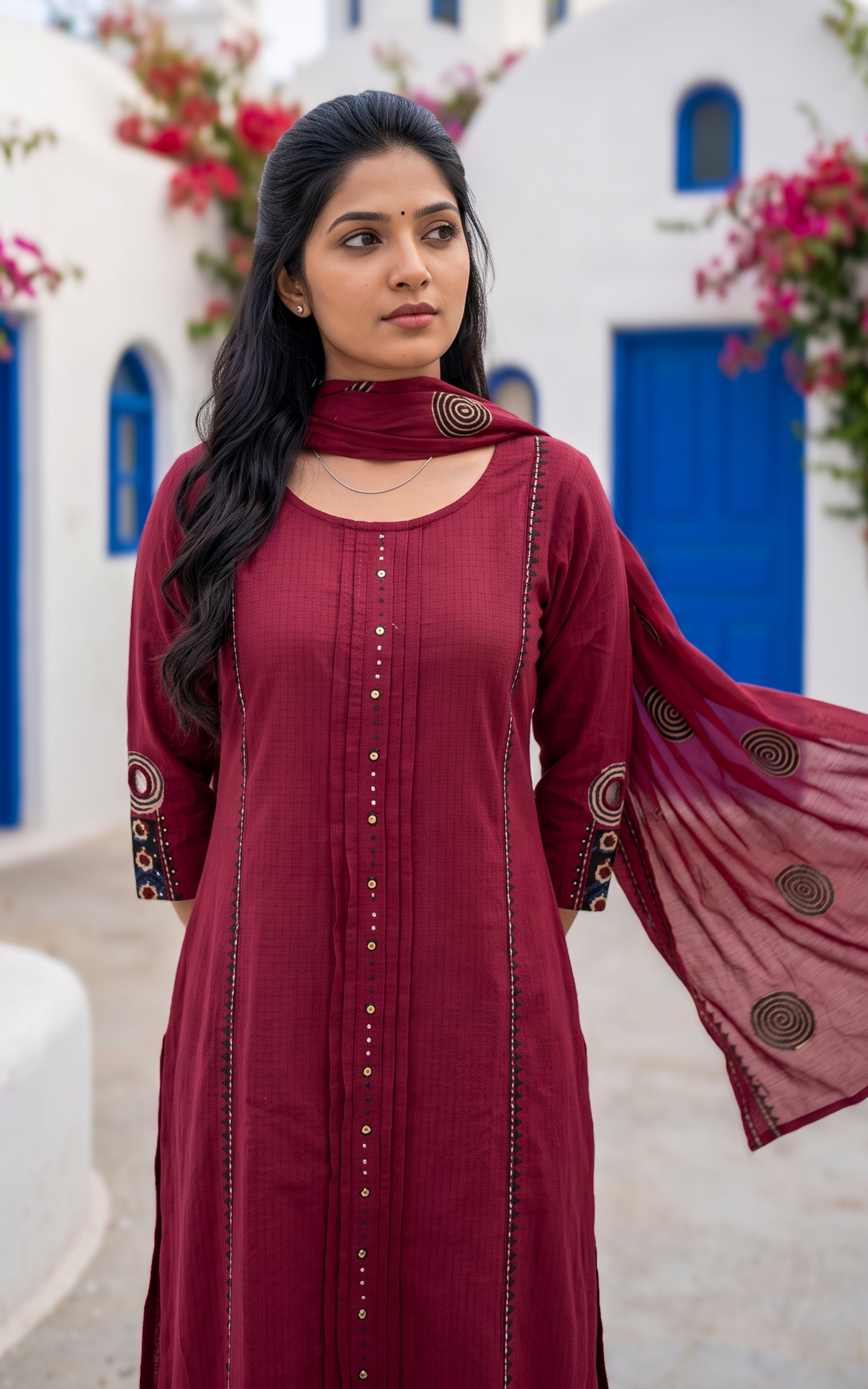 Maroon Cotton Ethnic Wear Kurti Set for Women