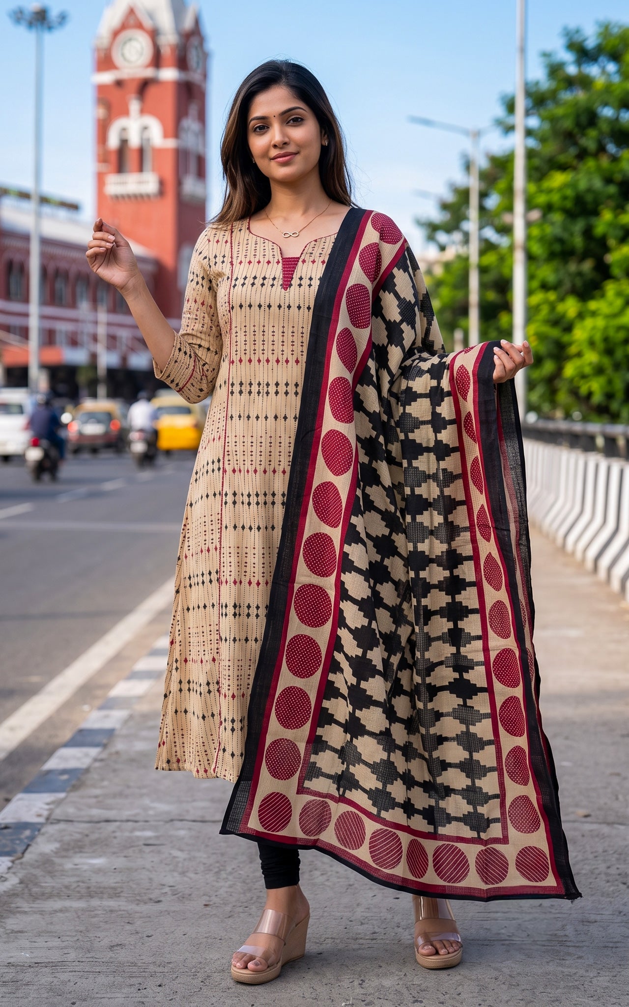 Beige and Black Cotton Daily Wear Kurti Dupatta for Women