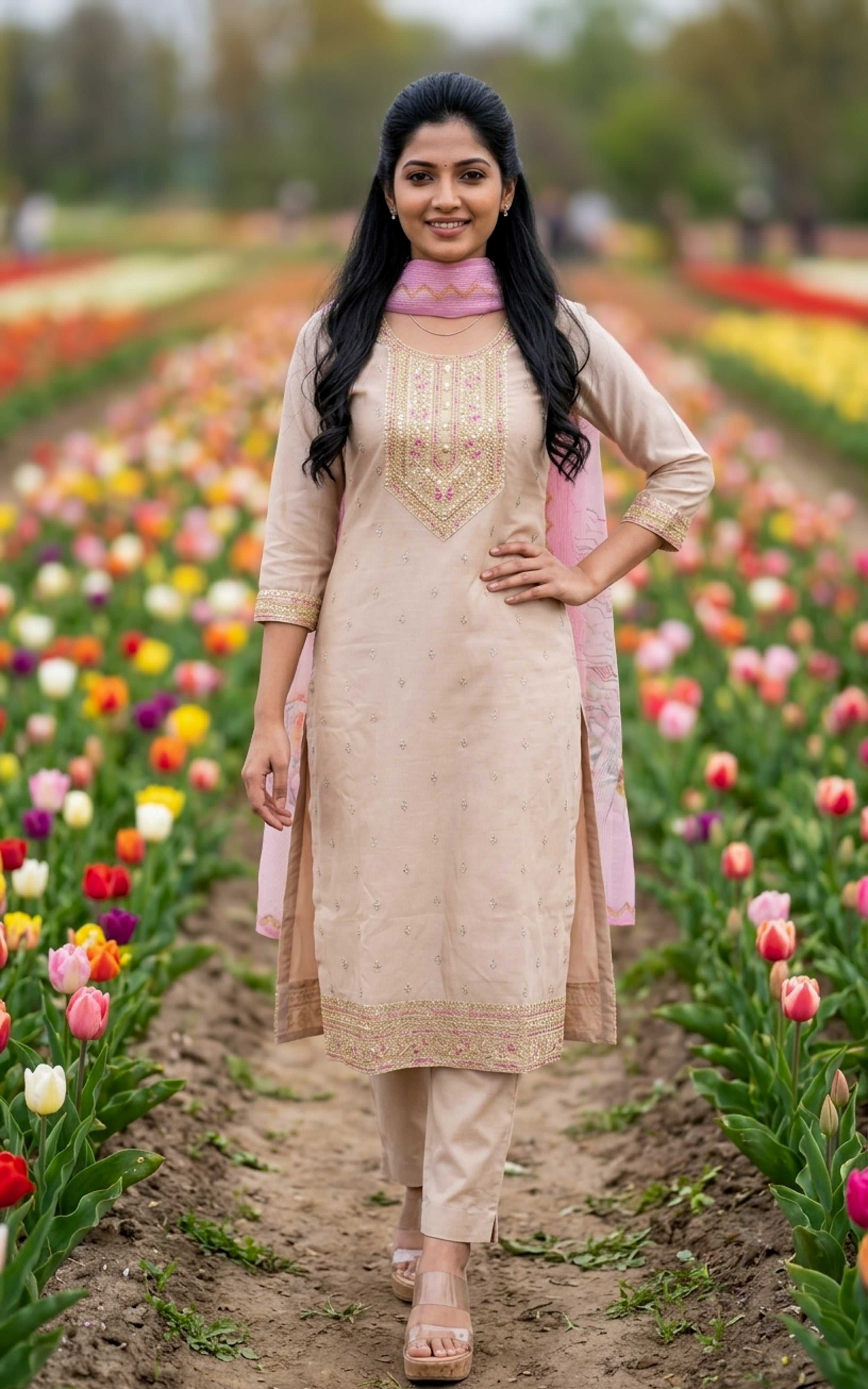 Beige Chanderi Designer Straight Cut Kurti Set for Women