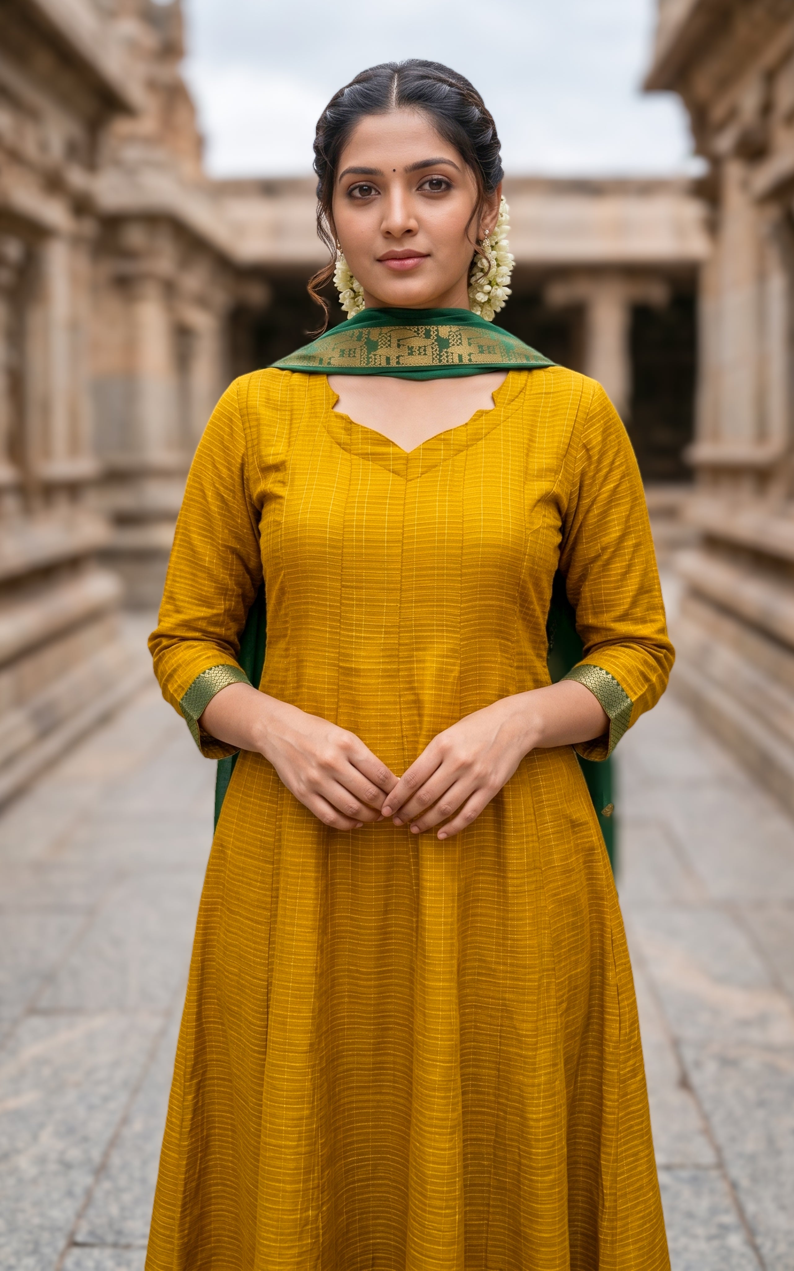 Instore – Mustard Azhagumalar Anarkali Kurti with Dupatta for Women – Slub Cotton – Contrast Zari Border – Festive Ethnic Wear