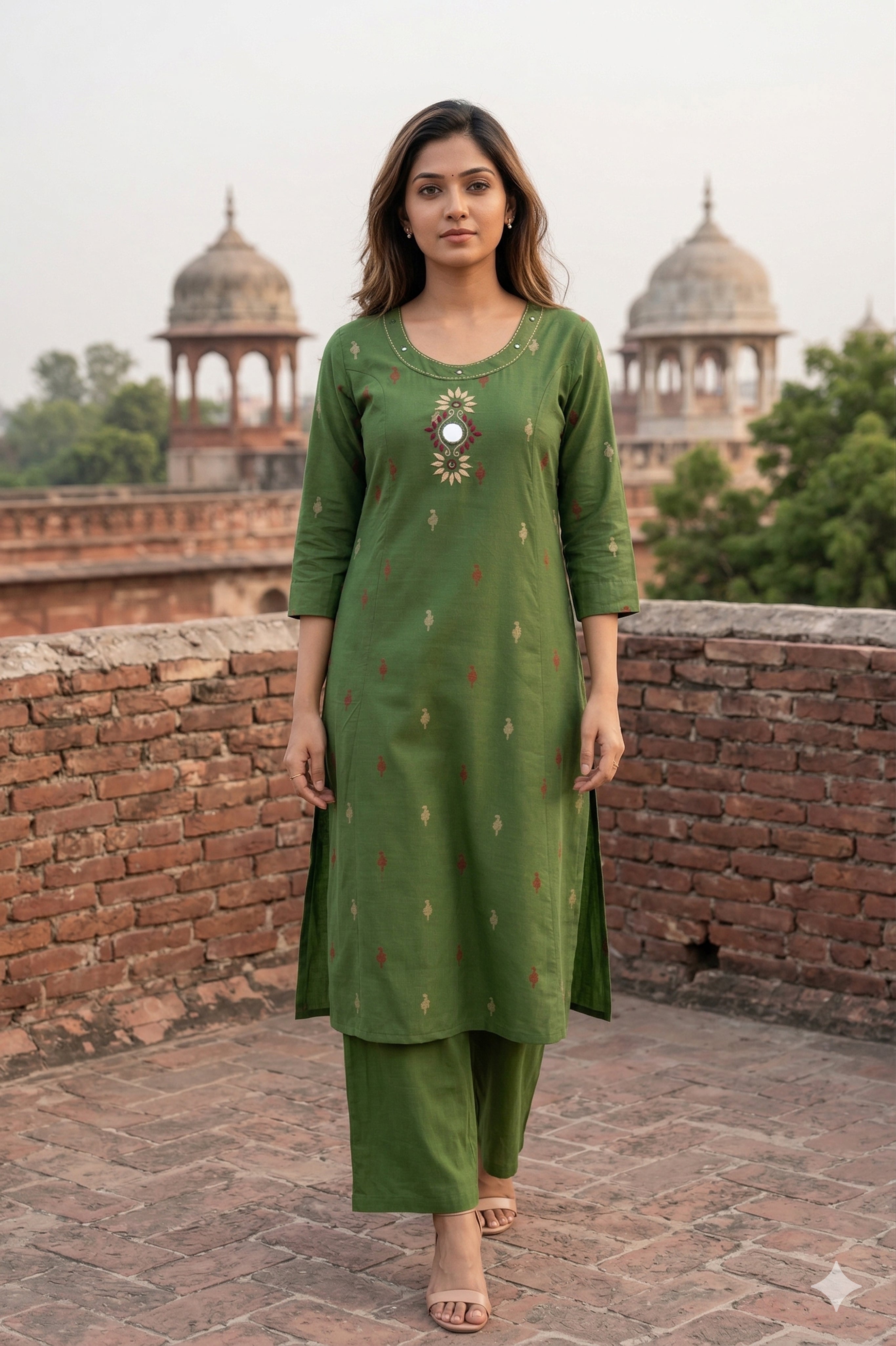 Instore - Green Cotton Blend Straight Kurti with Round Neck, Mirror Embroidery, Side Slits, Palazzo Pant, No Lining