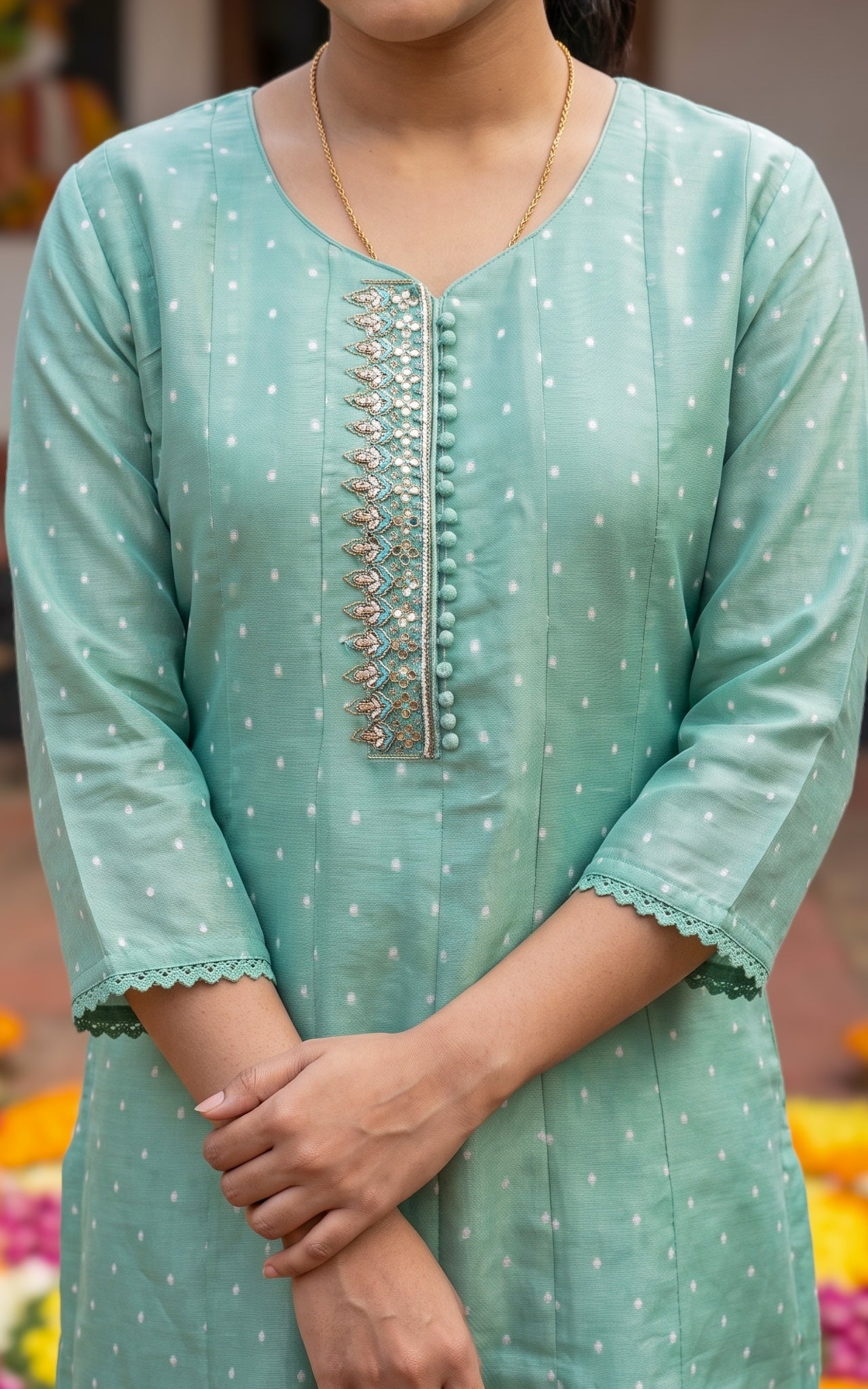 Mint Green Chanderi Traditional Onam Kurti for Women