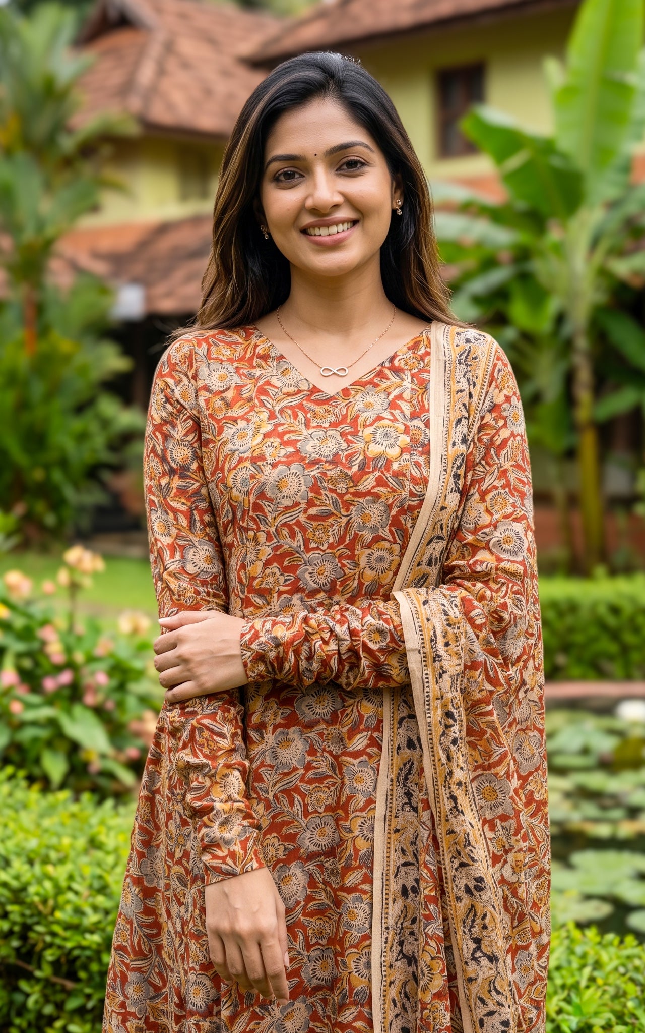 Rust Kalamkari Cotton Kurti Dupatta for Women
