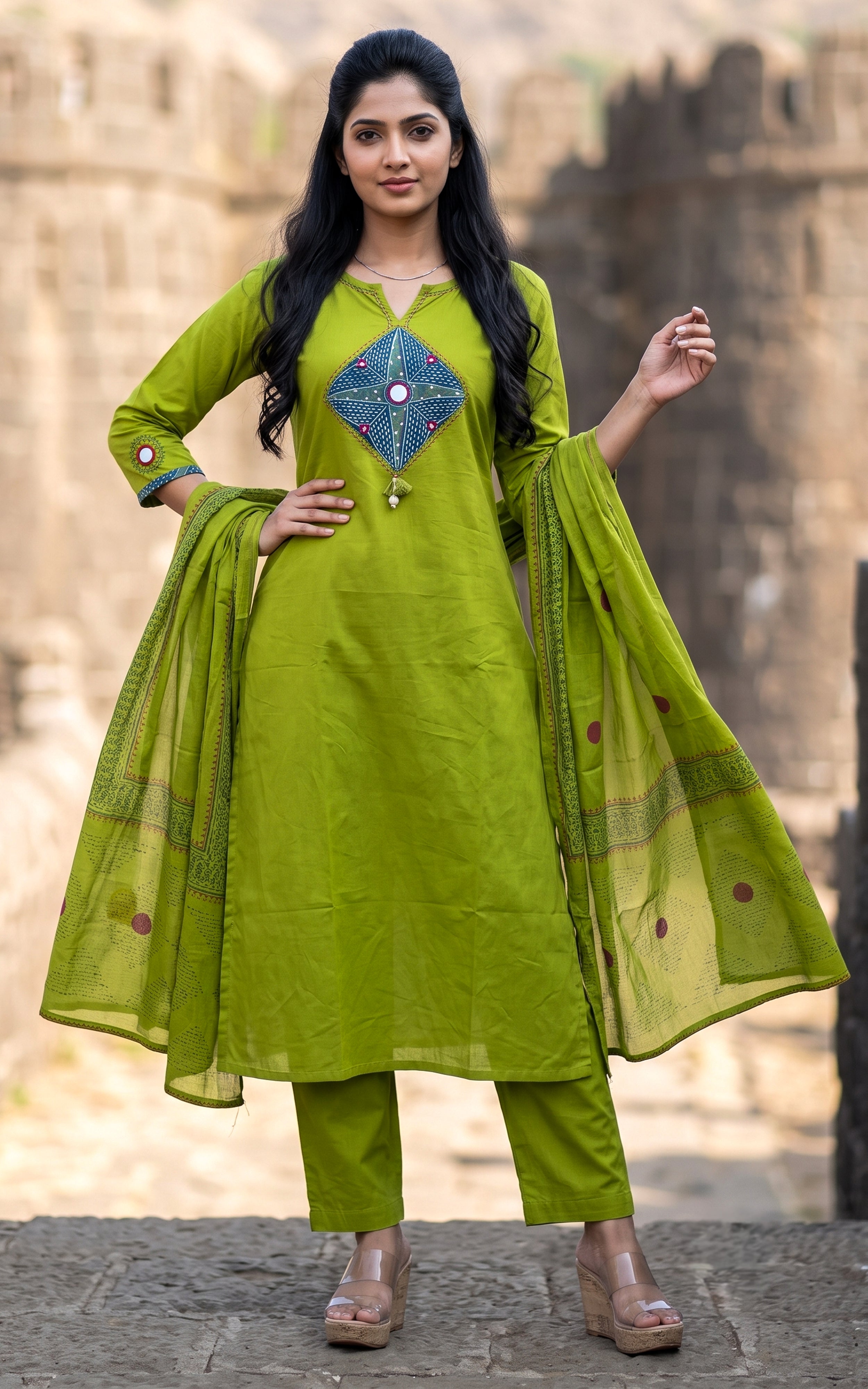 Parrot Green Cotton Office Wear Kurti Set for Women