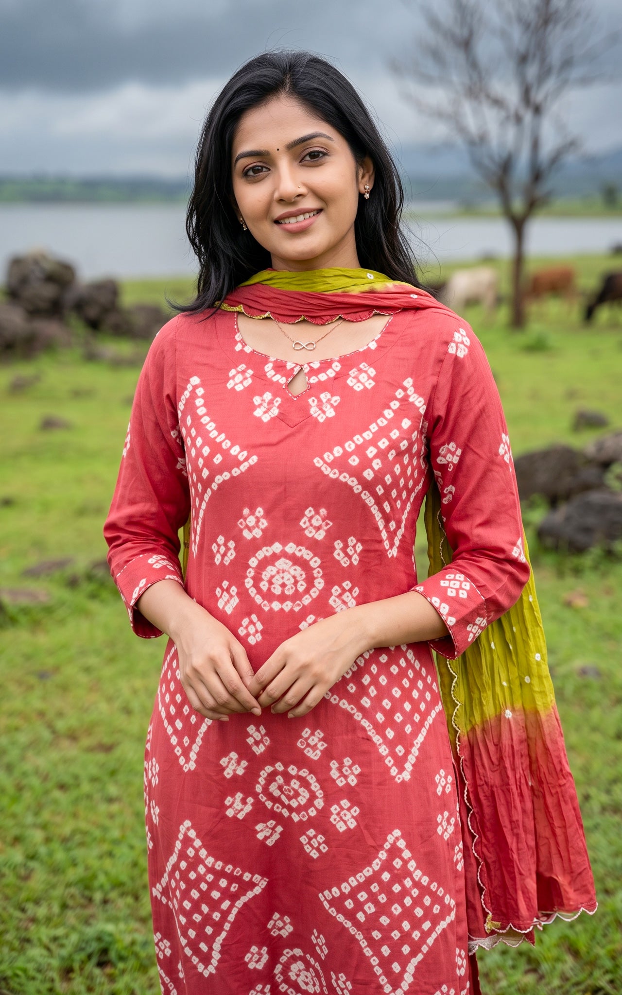 Hibiscus and Lime Green Cotton Daily Wear Kurti Set for Women