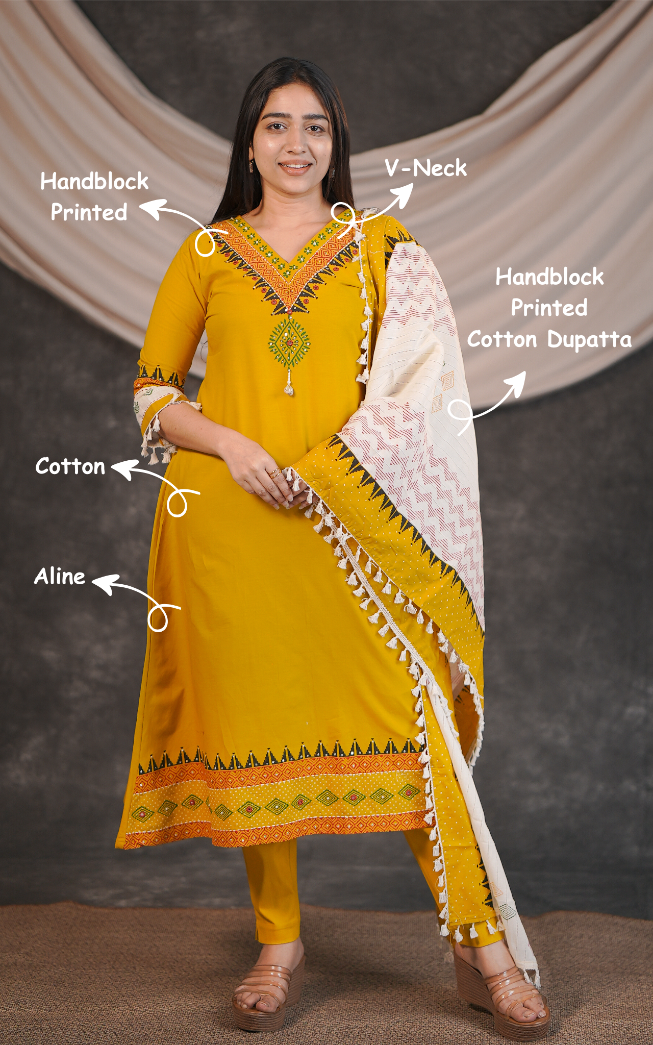 Instore – Manvitha Mustard Cotton Handblock Printed V-Neck Aline Kurti with Handblock Printed Cotton Dupatta – Women's Ethnic Wear