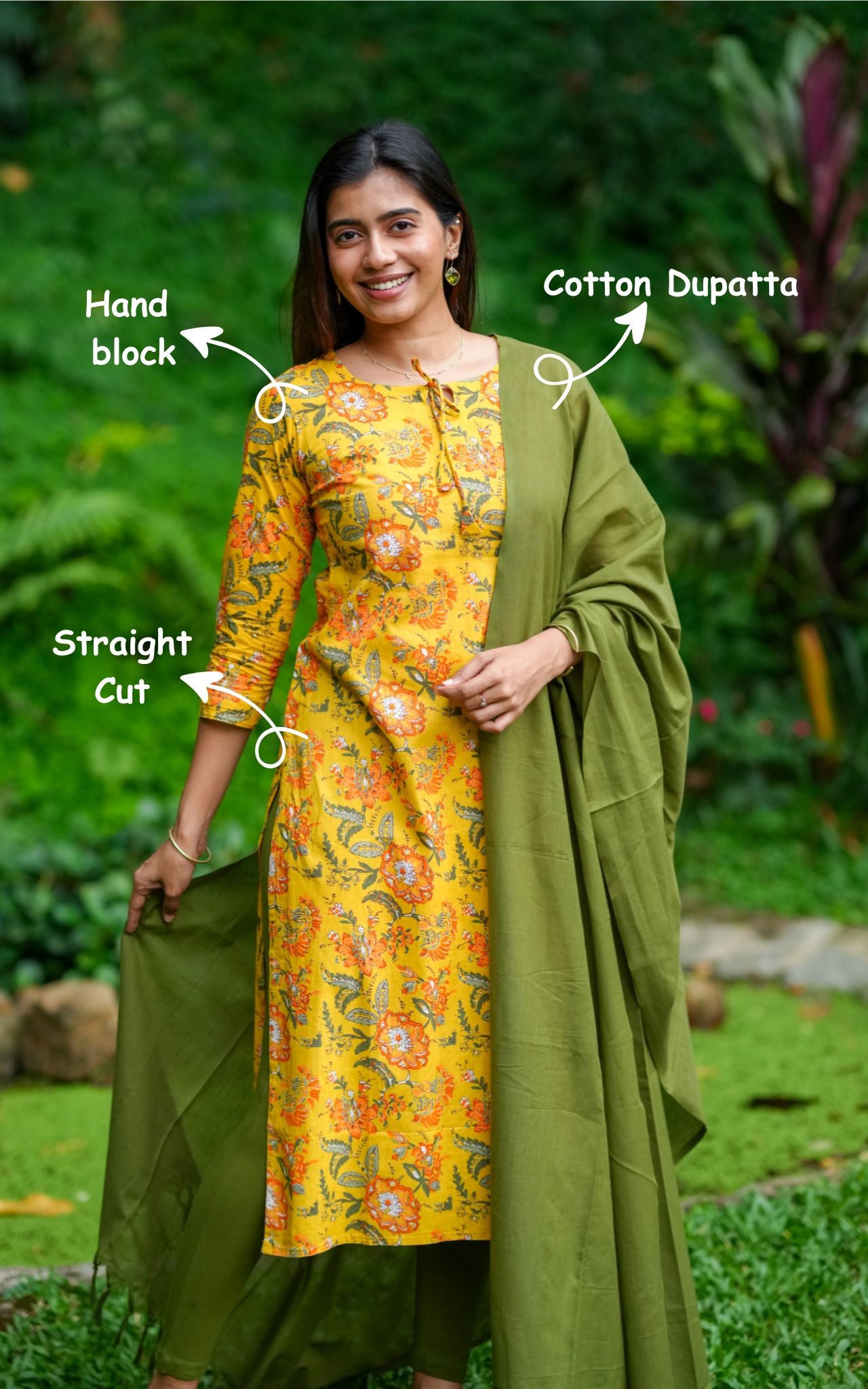 Instore – Vahini Yellow Cotton Handblock Printed Straight Cut Kurti with Side Slit and Cotton Dupatta – Women's Ethnic Wear
