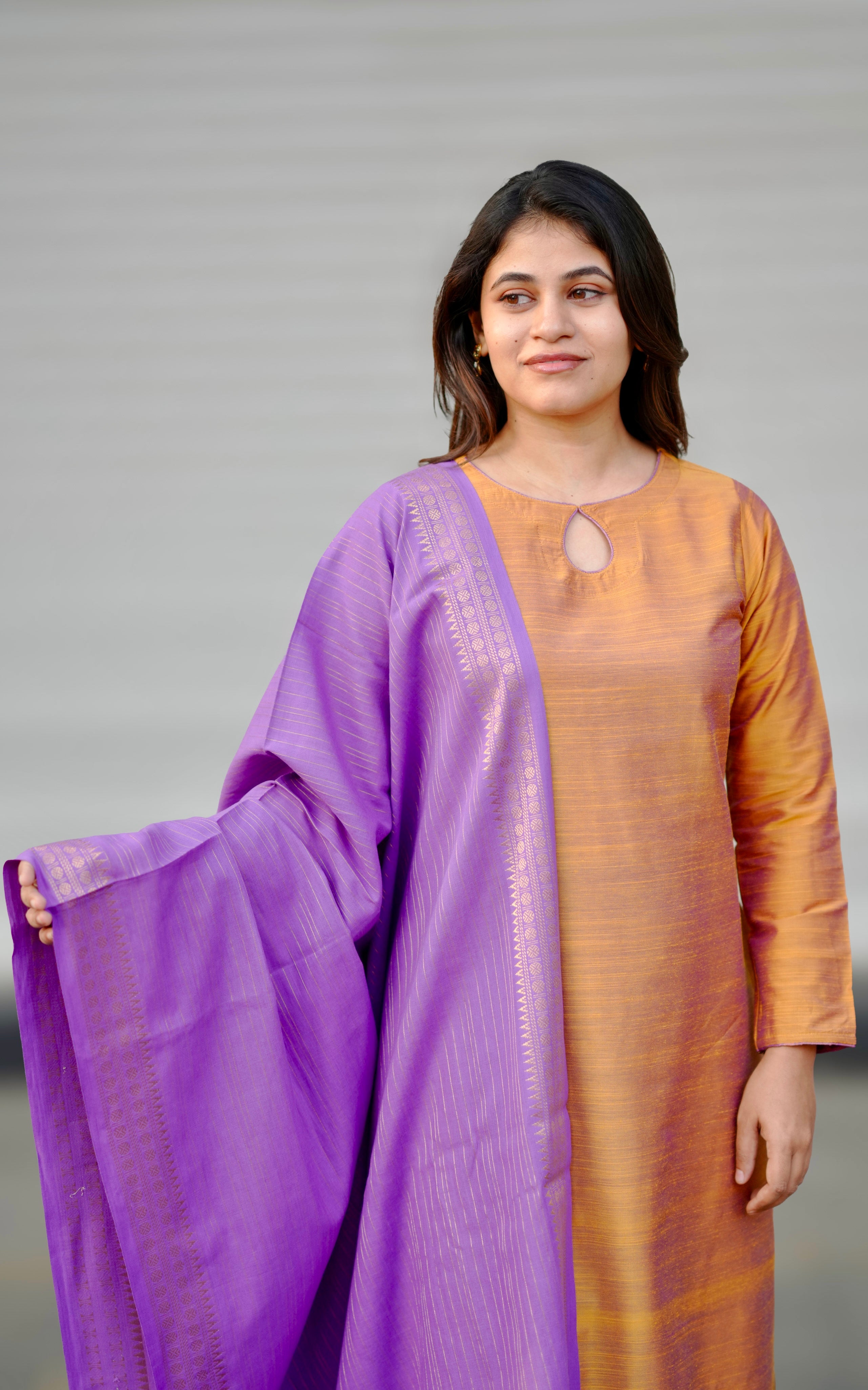 Silk cotton keyhole neck kurti with golden beige dupatta for daily wear, college wear, and ethnic wear