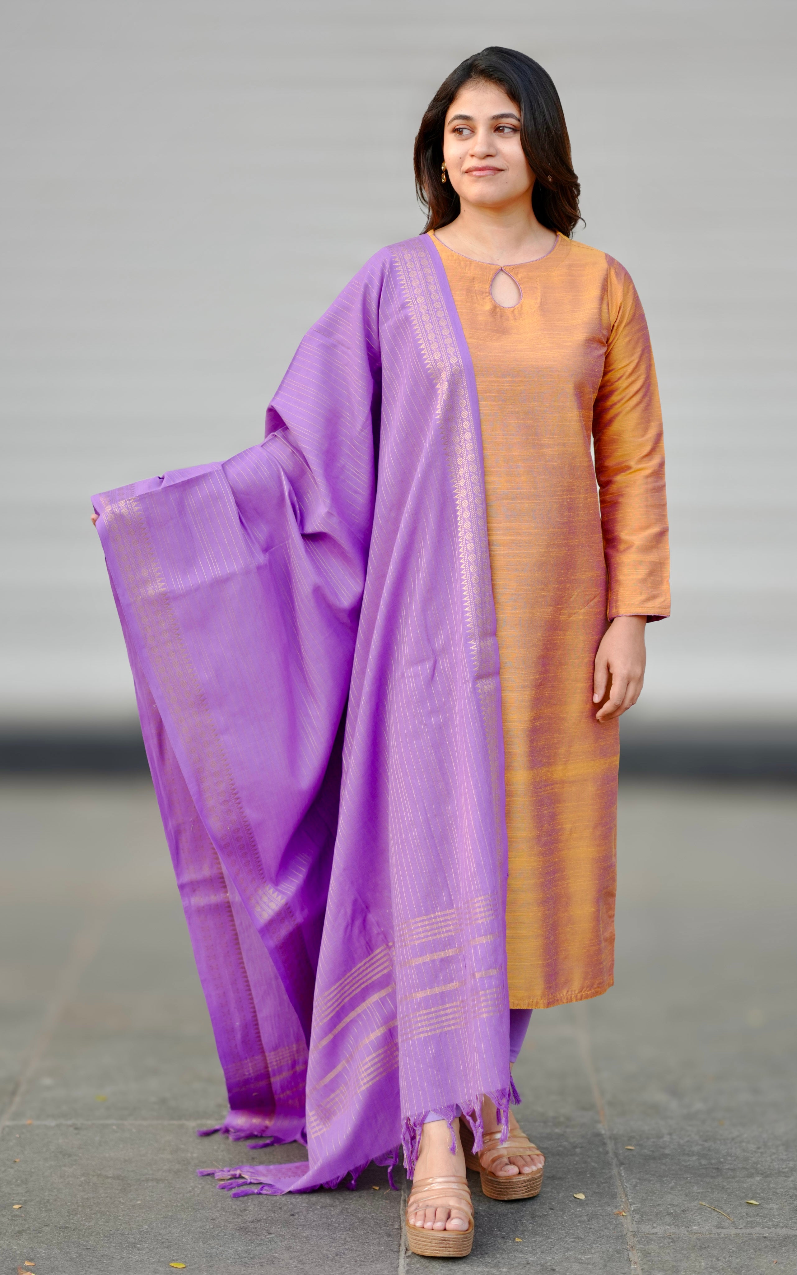 Elegant silk cotton straight cut kurti with golden beige dupatta for daily wear, college wear, and ethnic wear