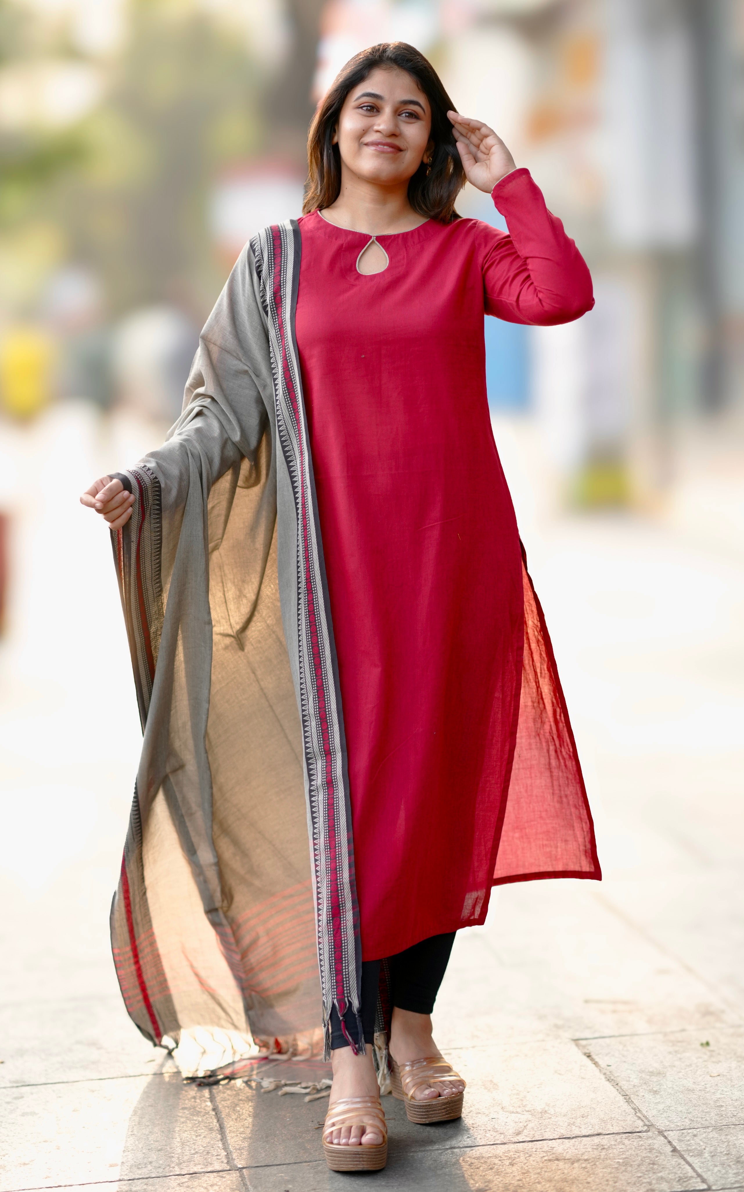 Instore – Maroon Nakshathra Kurti with Dupatta for Women – Cotton – Festive Ethnic Wear