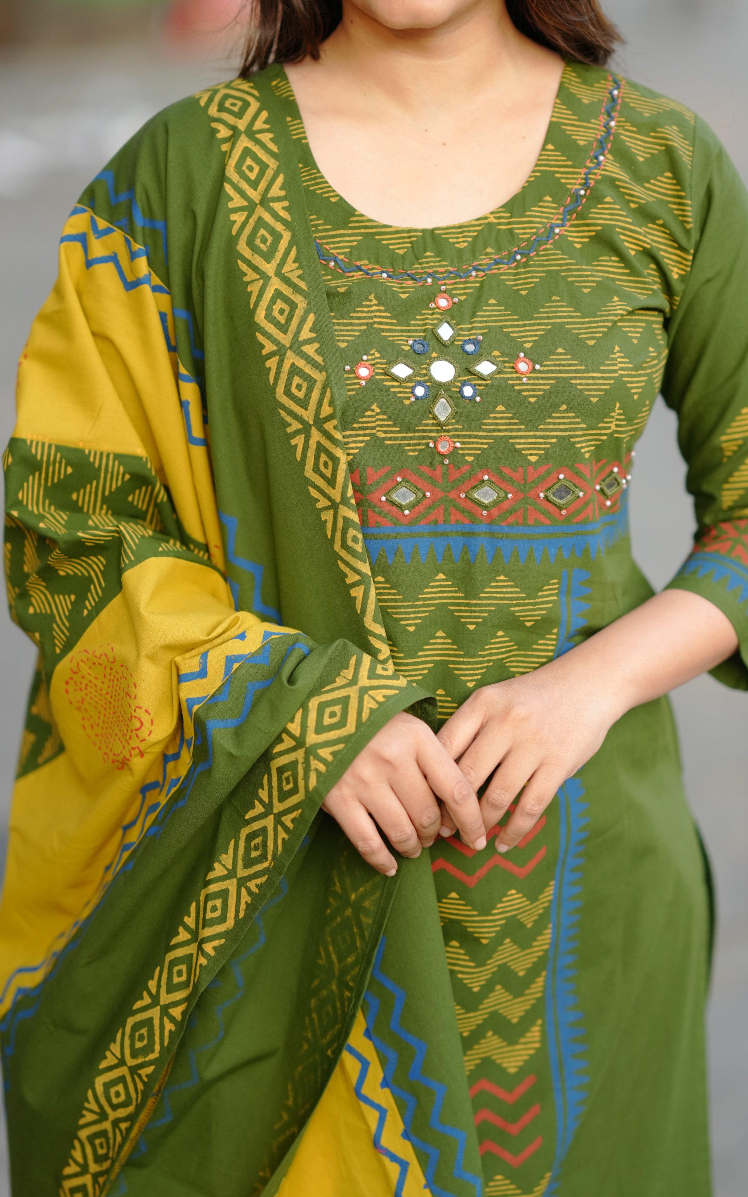 Haleema Green Handblock (Kurti+Dupatta)