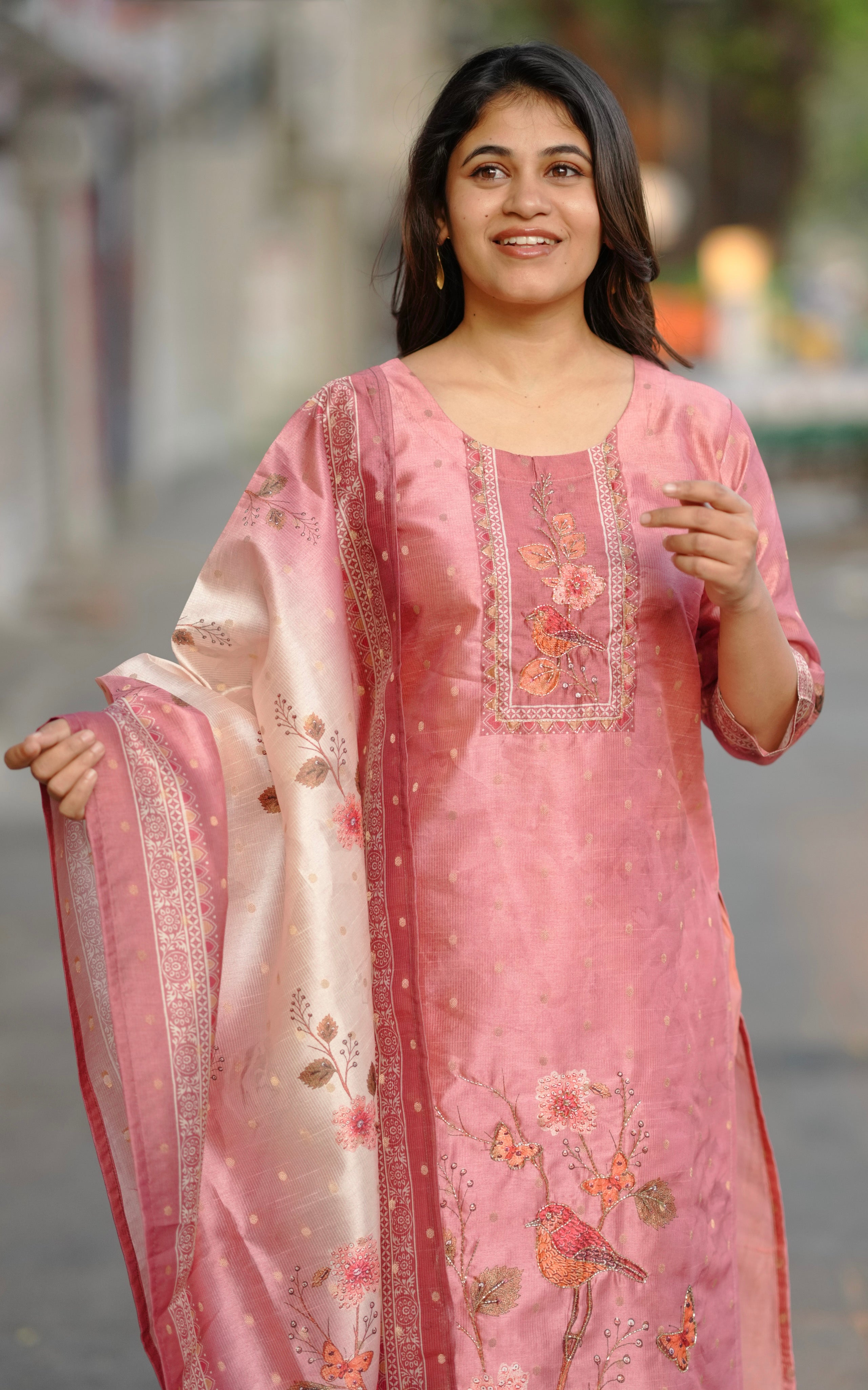 Peach Art Silk Kurti Set for Women