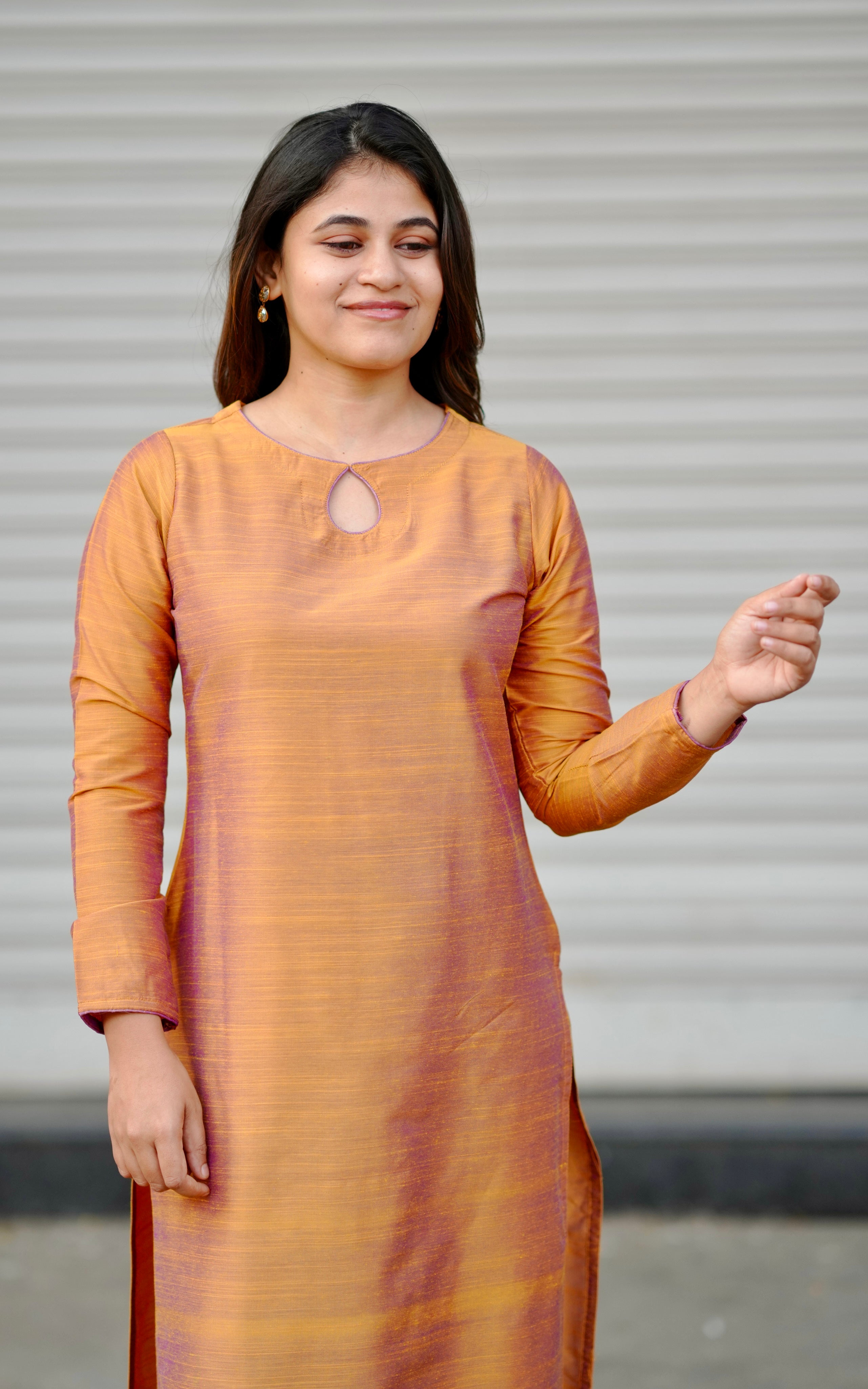 Silk cotton kurti with keyhole neckline and golden beige dupatta perfect for ethnic wear and college wear