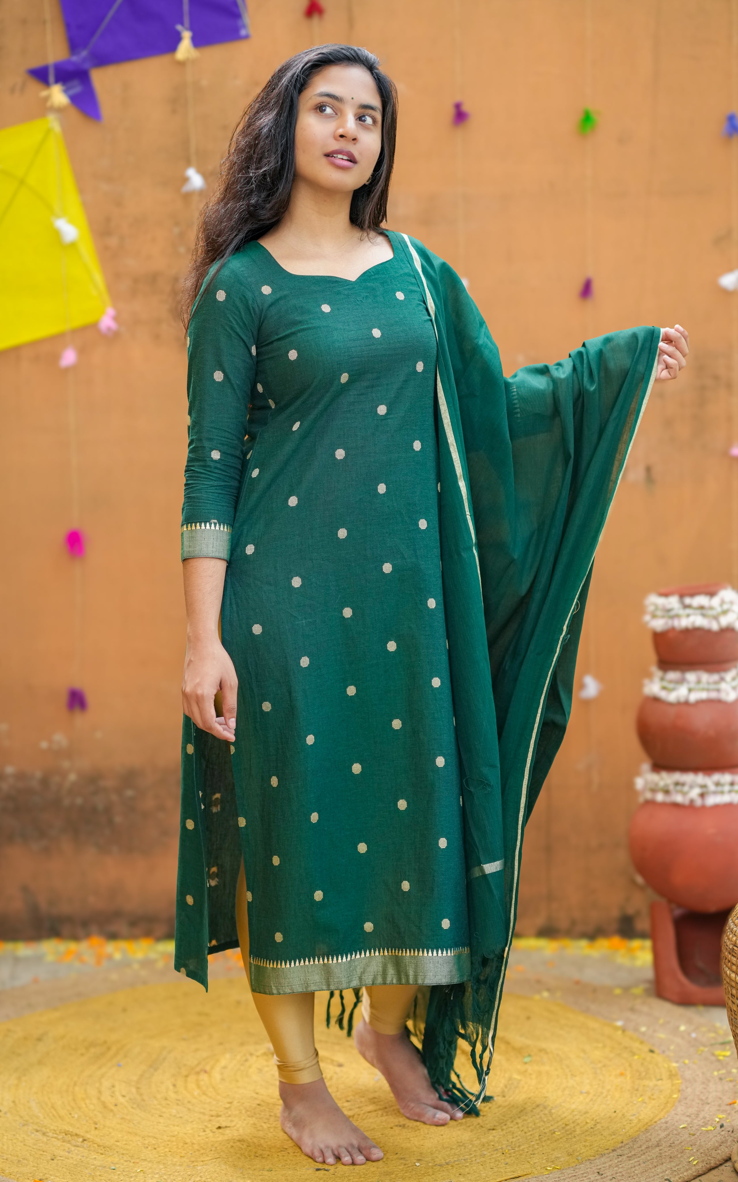 Instore – Bottle Green Nool Izhai Kurti with Dupatta for Women – South Cotton – Indian Ethnic Wear