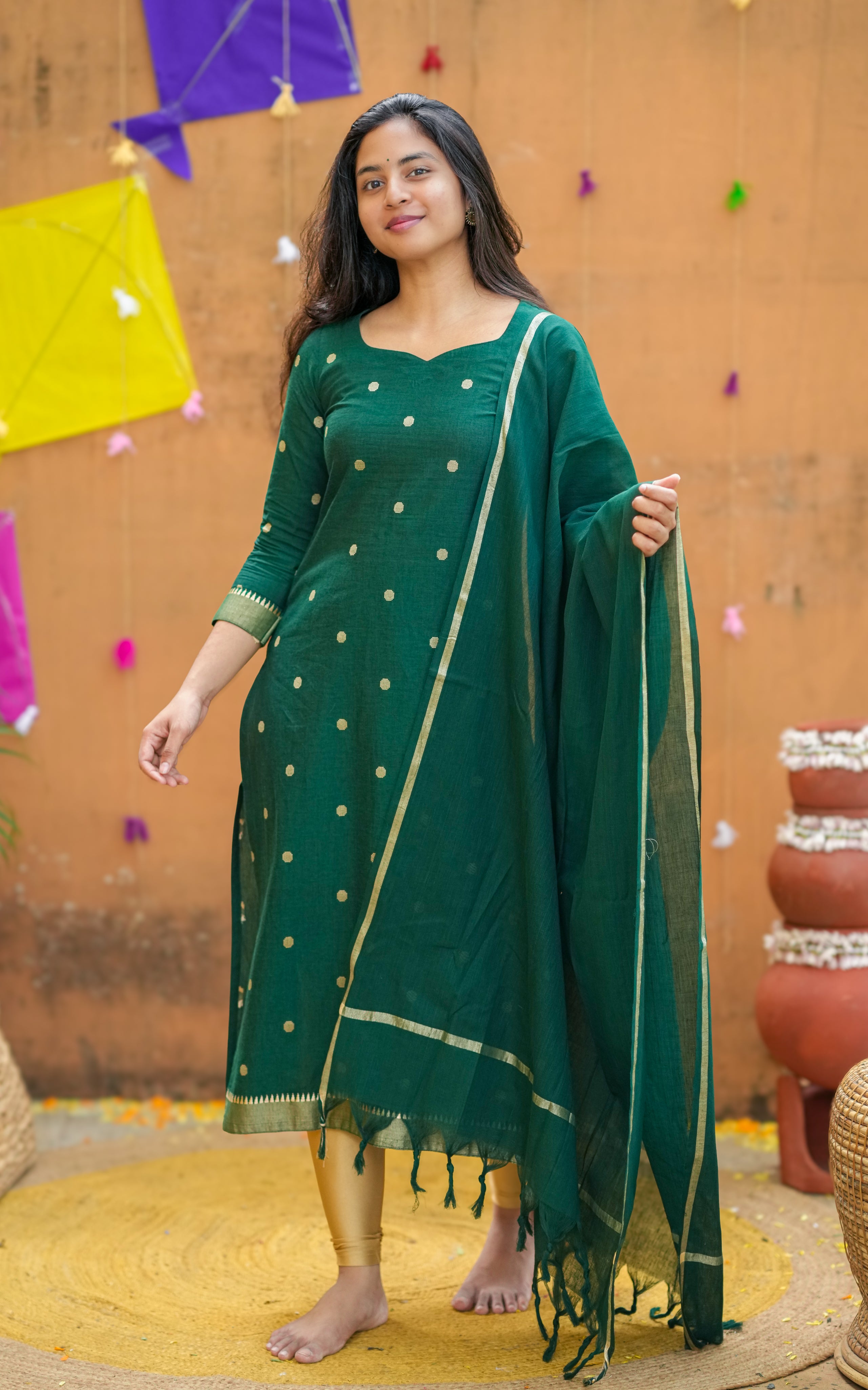 Instore – Bottle Green Nool Izhai Kurti with Dupatta for Women – South Cotton – Indian Ethnic Wear