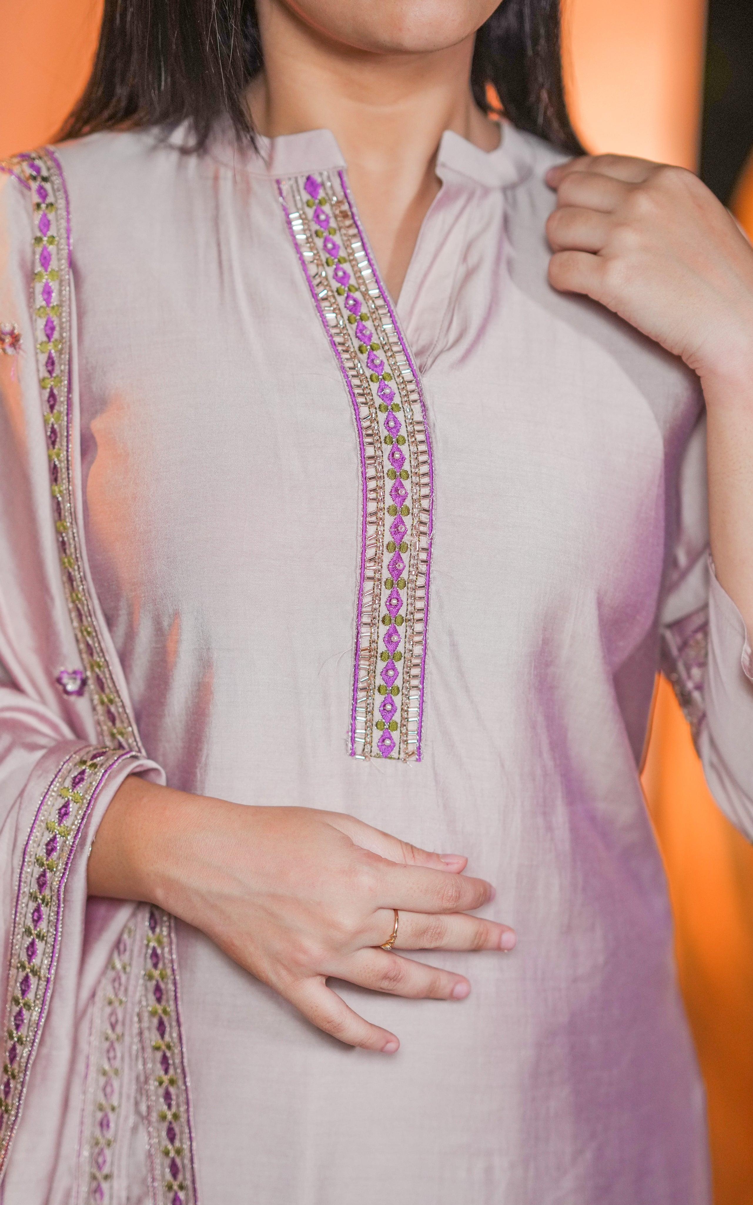 Instore - Onion Pink Color Art Silk Beads Embroidered Straight Cut Kurti with Pant with Double Side Pockets & Matching Dupatta