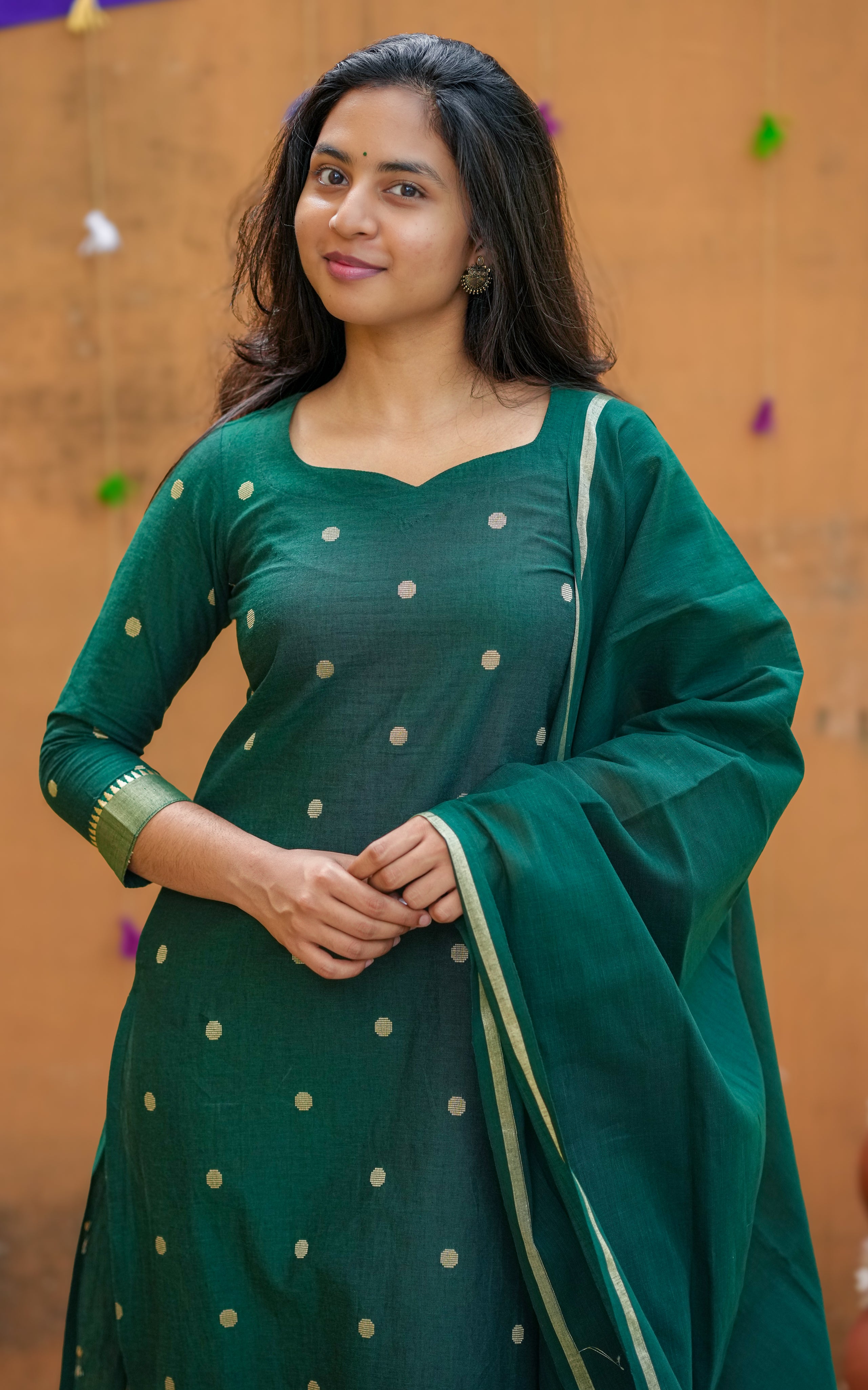 Instore – Bottle Green Nool Izhai Kurti with Dupatta for Women – South Cotton – Indian Ethnic Wear