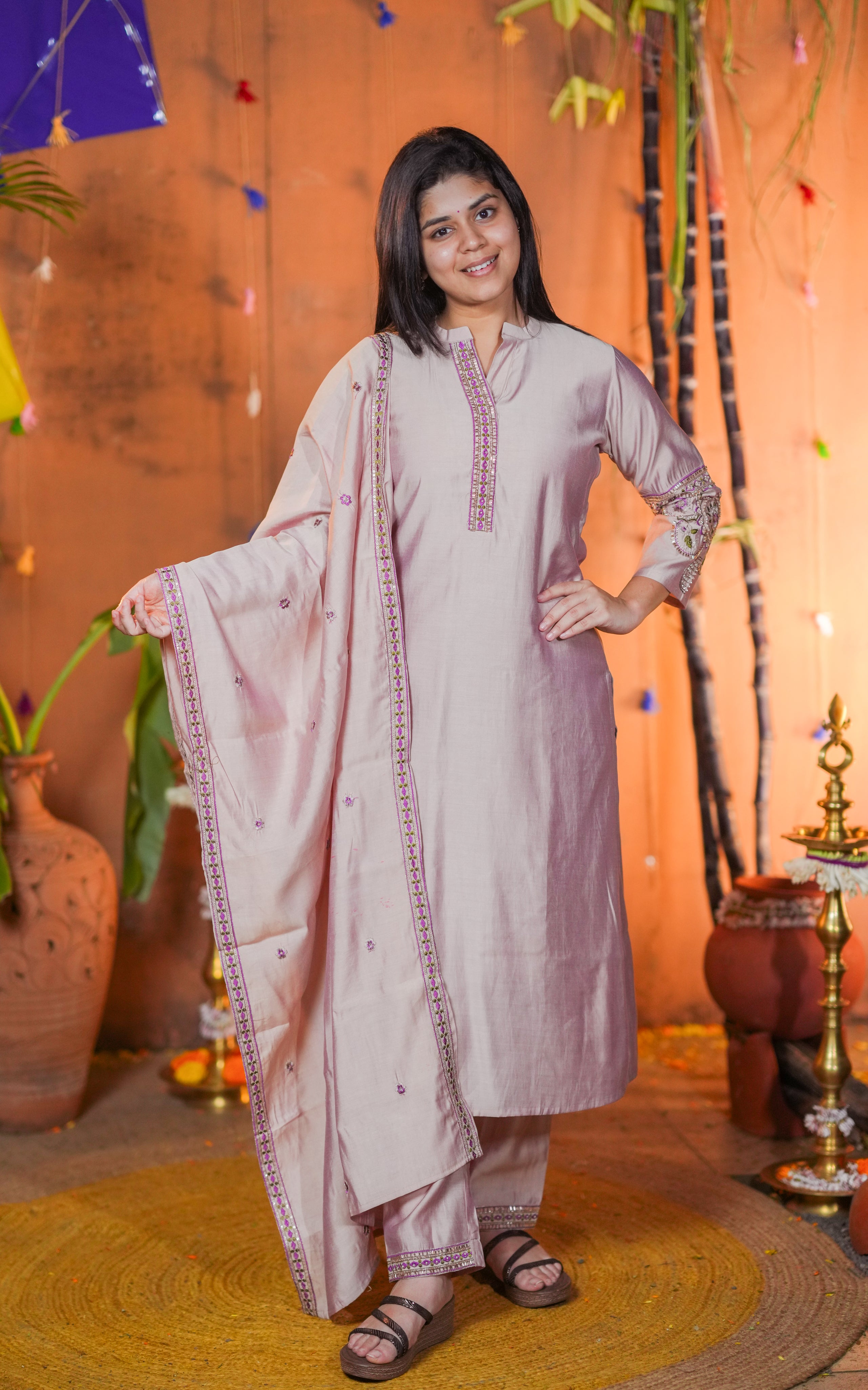 Instore - Onion Pink Color Art Silk Beads Embroidered Straight Cut Kurti with Pant with Double Side Pockets & Matching Dupatta