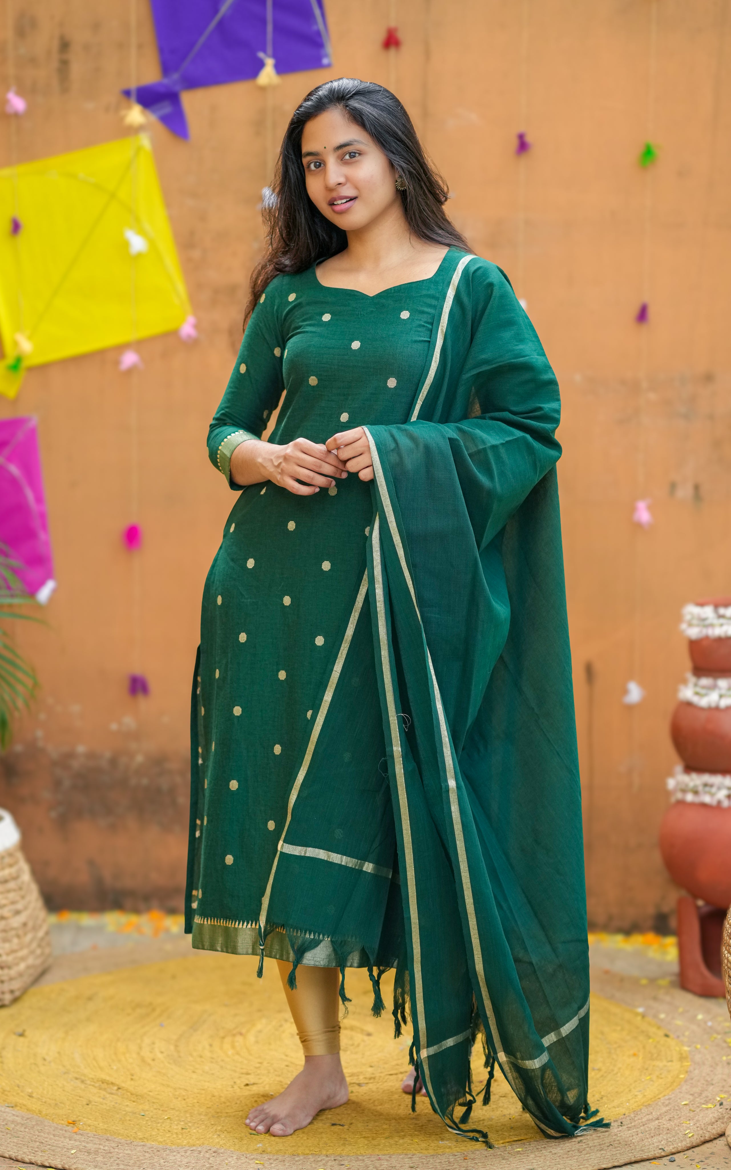 Instore – Bottle Green Nool Izhai Kurti with Dupatta for Women – South Cotton – Indian Ethnic Wear