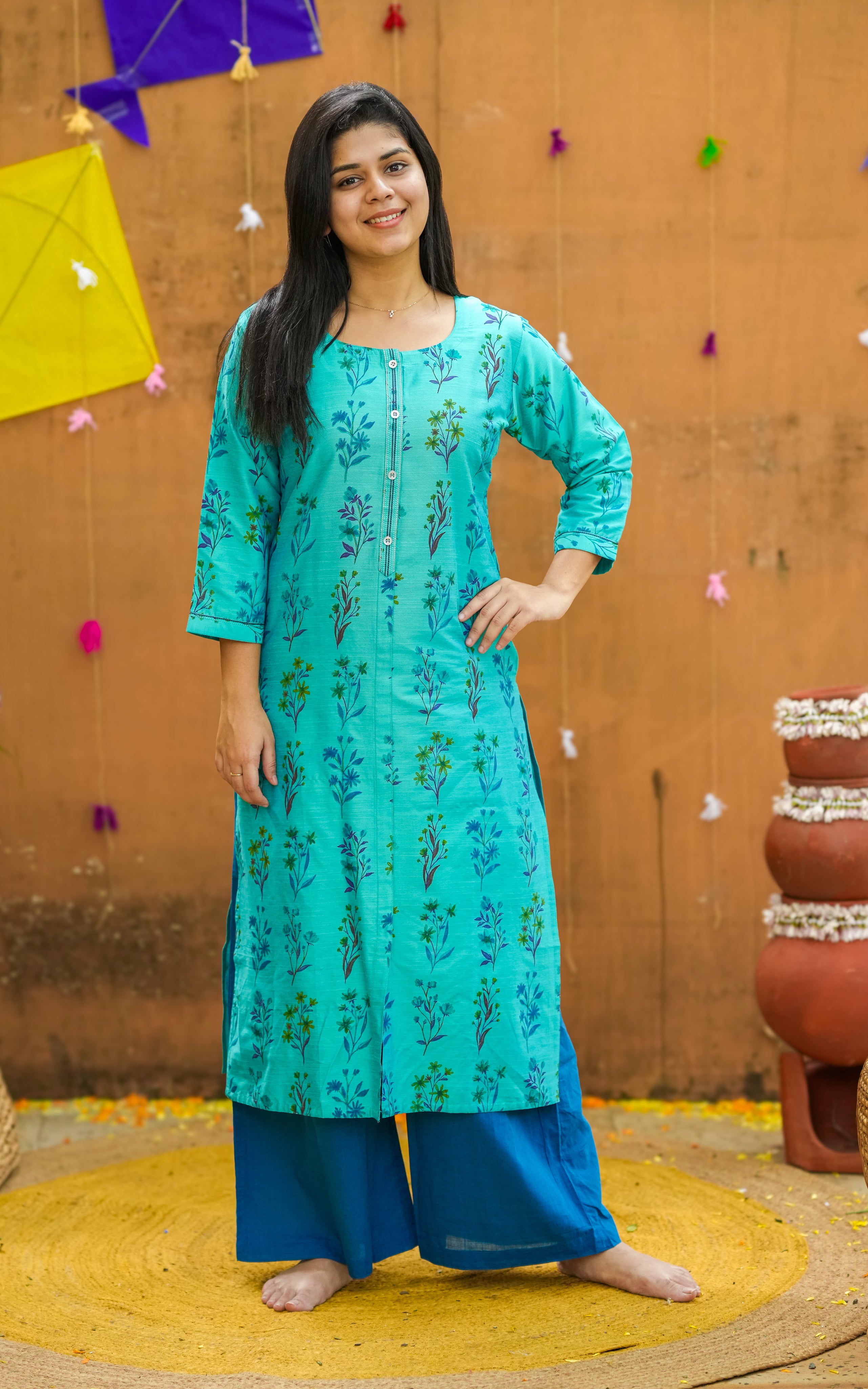 Instore - Aqua Color Silk Cotton Straight Cut Kurti with Front & Side Slits and Side Pocket and No Lining