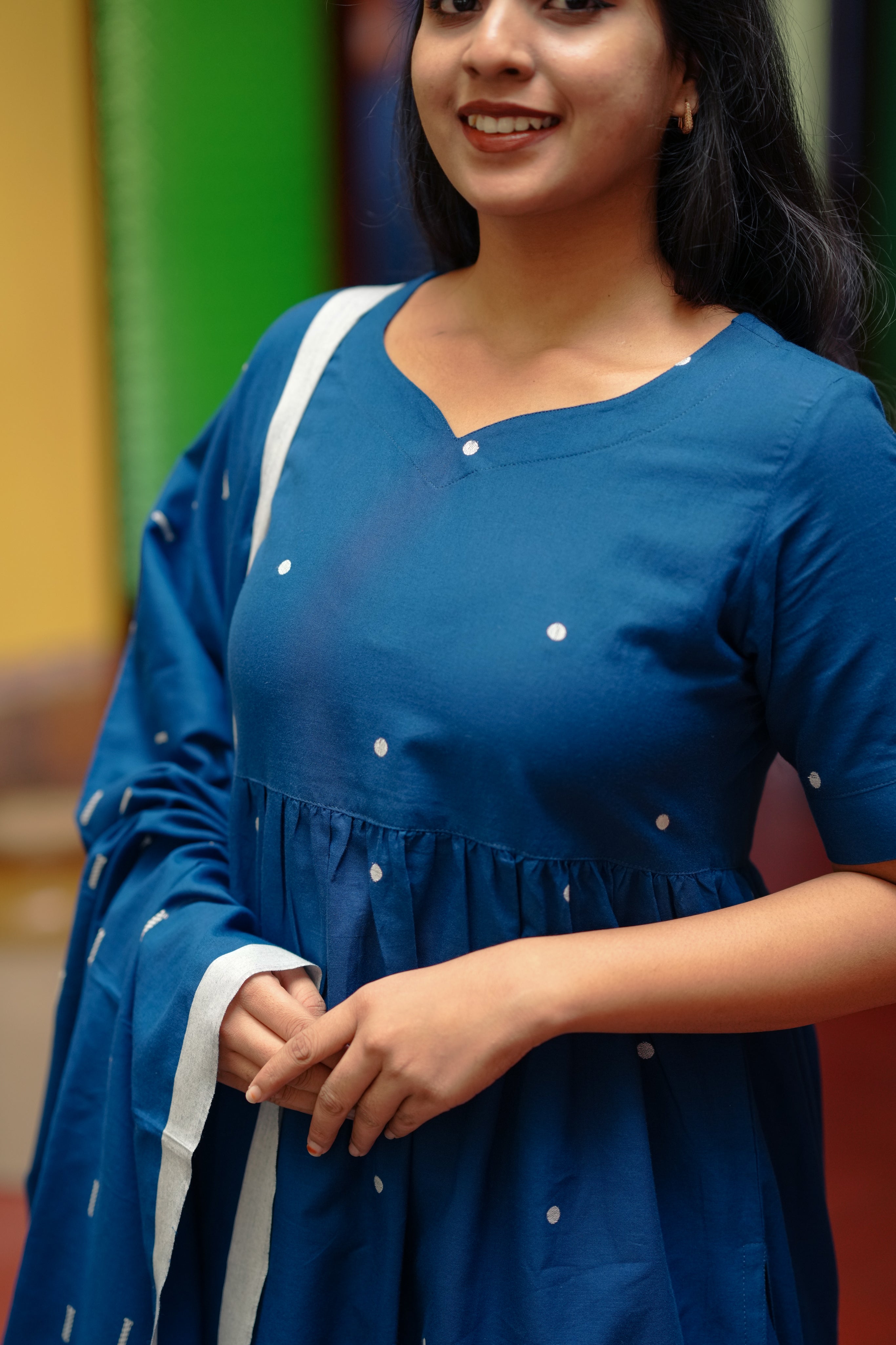 navy cotton kurti set for office
elegant nyra cut kurti with palazzo
professional cotton kurti with warli print
office wear kurti and palazzo set
formal cotton kurti with handloom dupatta