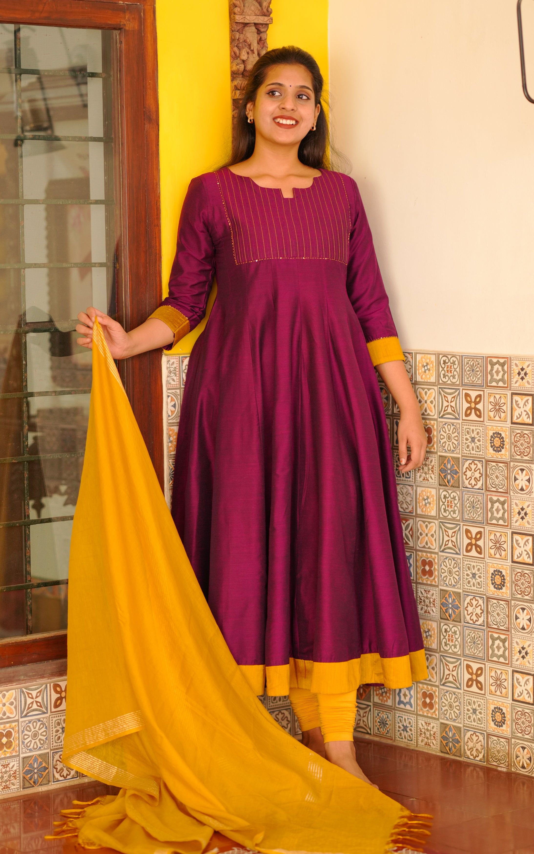 Deep Purple Silk Cotton Full Flared Anarkali with Line Embroidery