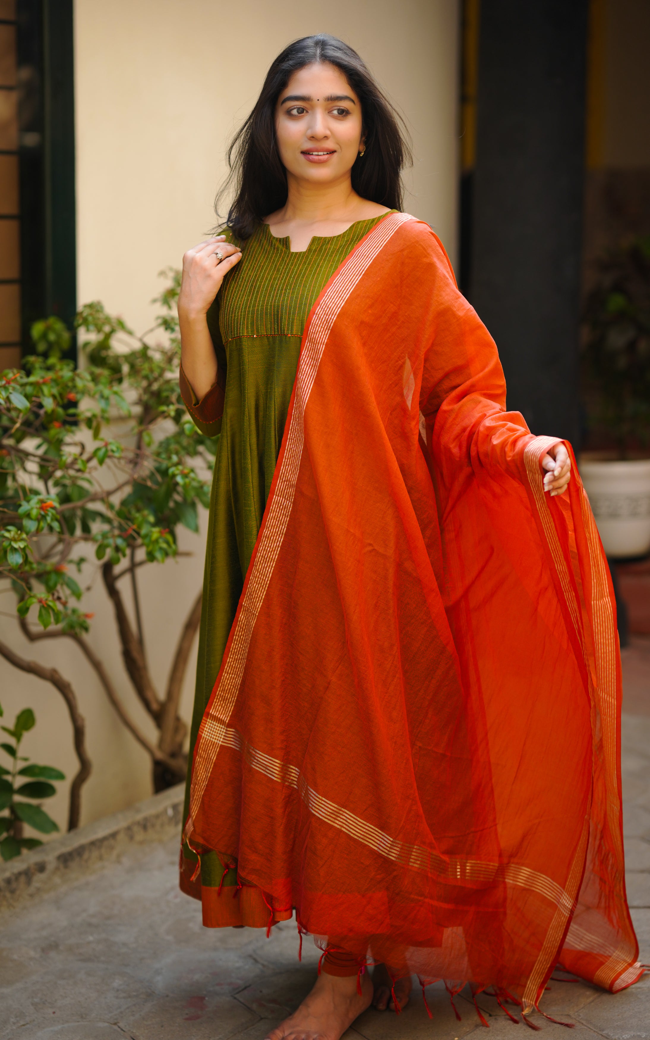 Olive Green Silk Cotton Full Flared Anarkali for Daily & Festive Wear