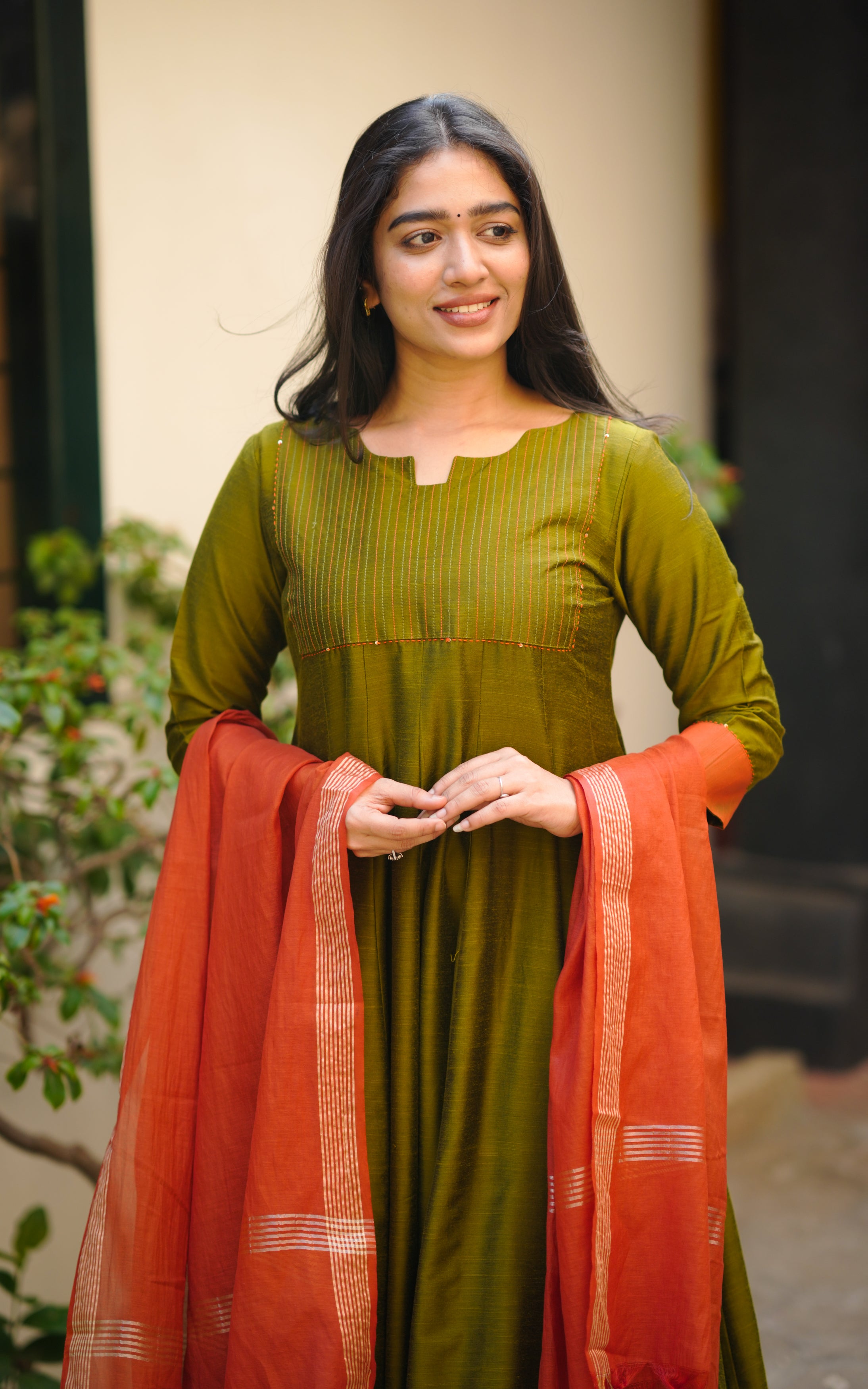 Olive Green Silk Cotton Full Flared Anarkali with Line Embroidery