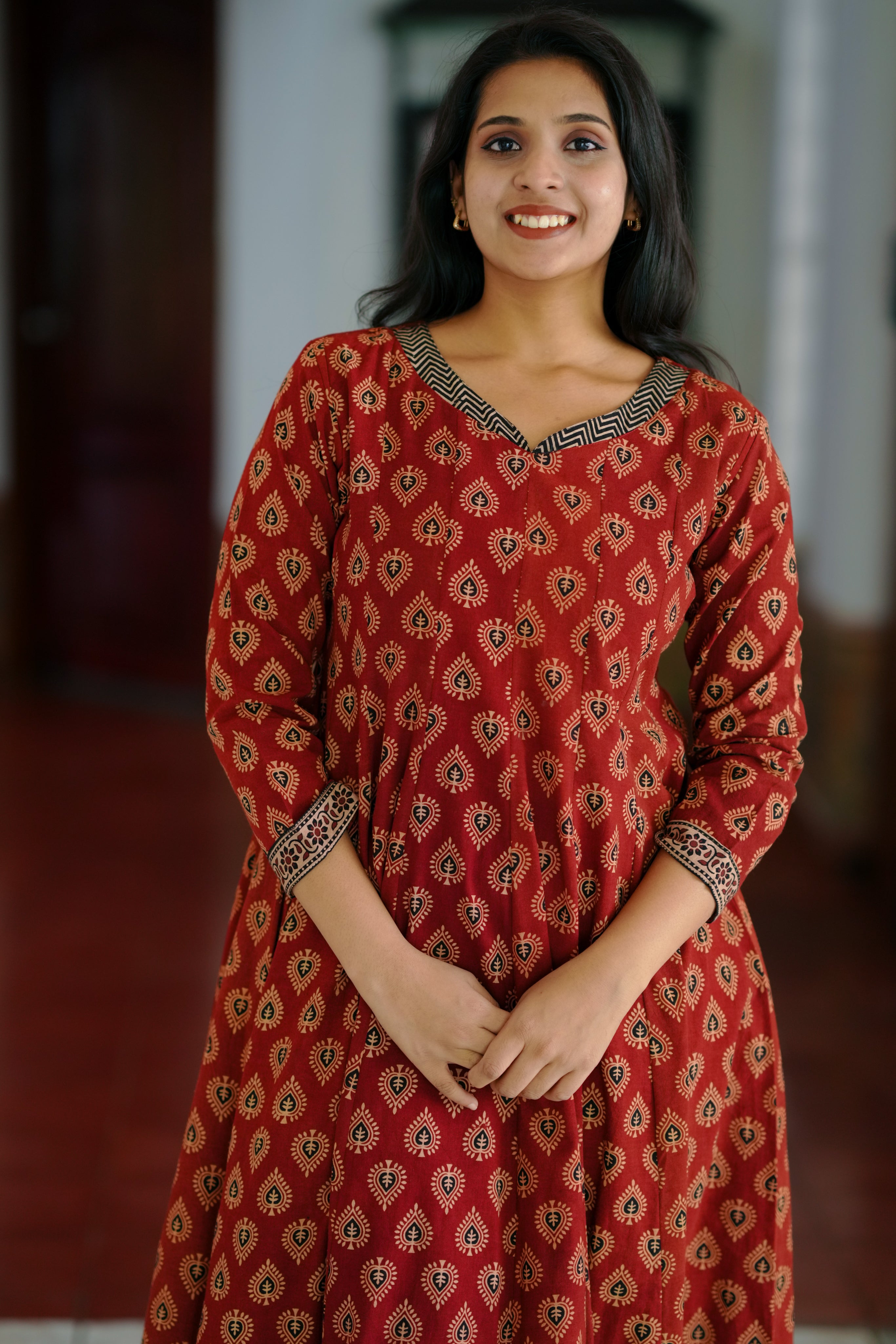 instore-Maroon Colored Printed Cotton Full Flared Anarkali with One Side Pocket and V Neck