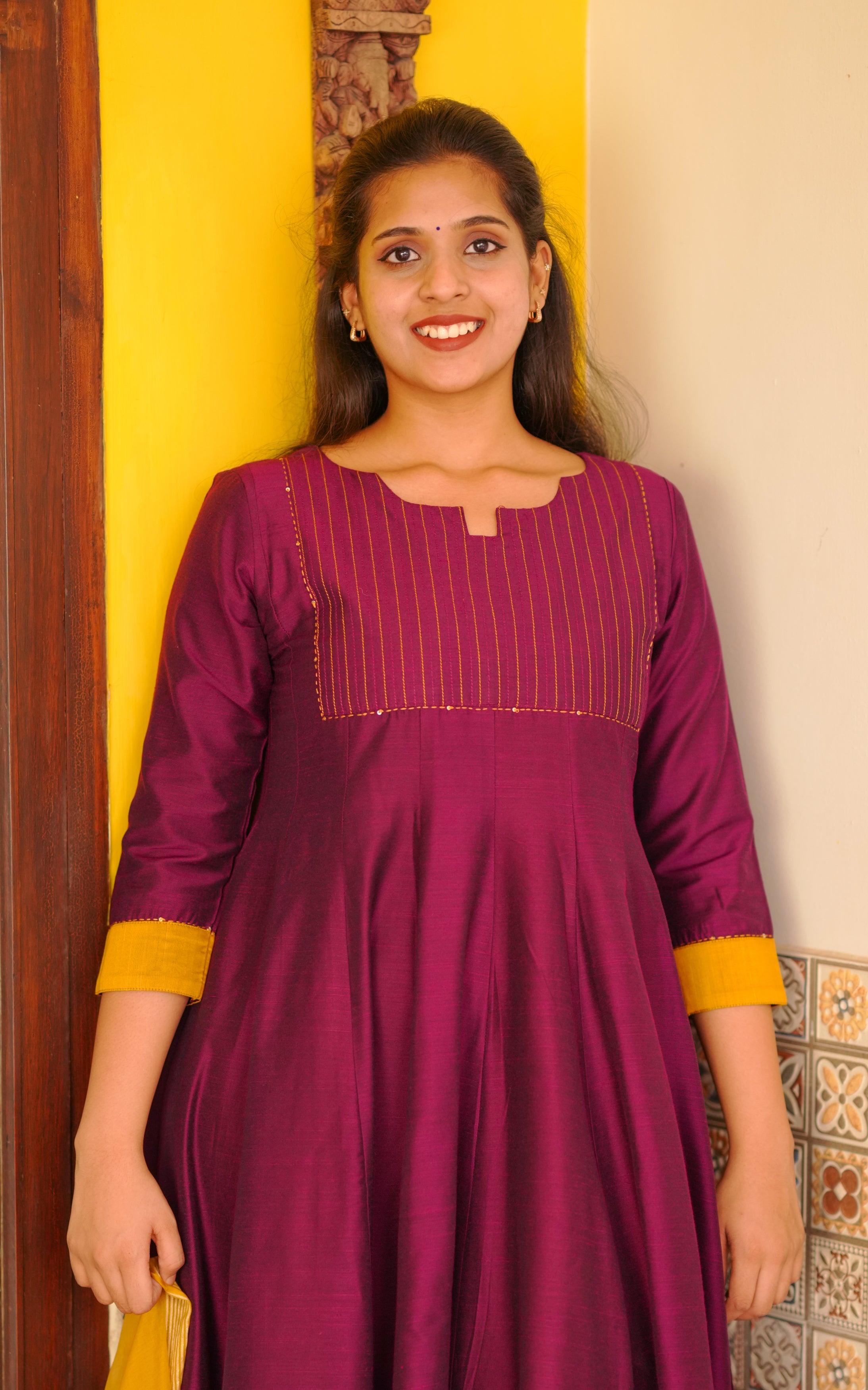 Deep Purple Anarkali Kurti with Contrast Border & Dupatta