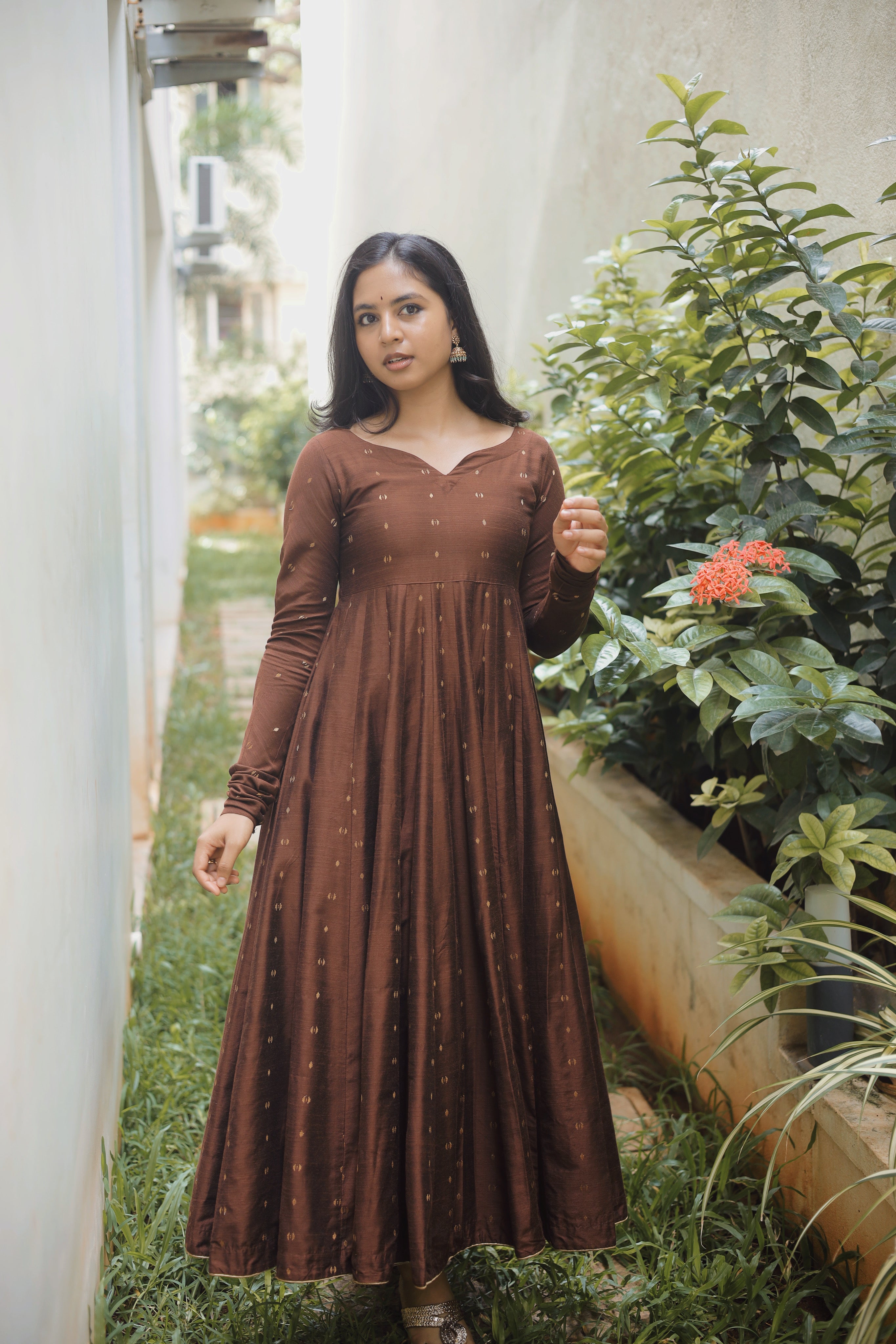 Instore - Brown South Cotton Full Flared Anarkali Kurti, Gathered Sleeves & Rich Festive Detailing