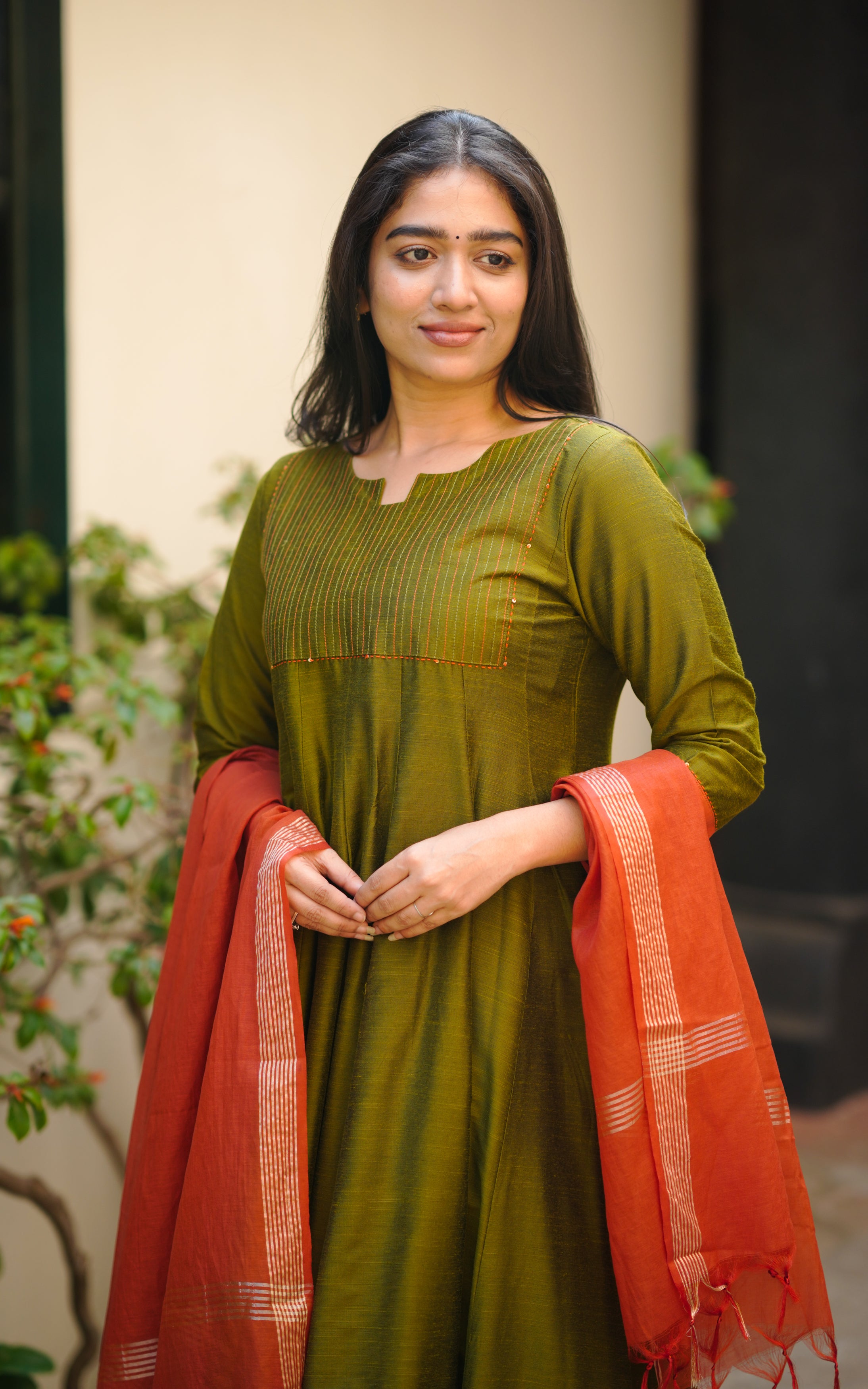 Ethnic Olive Green Silk Cotton Flared Anarkali for Women