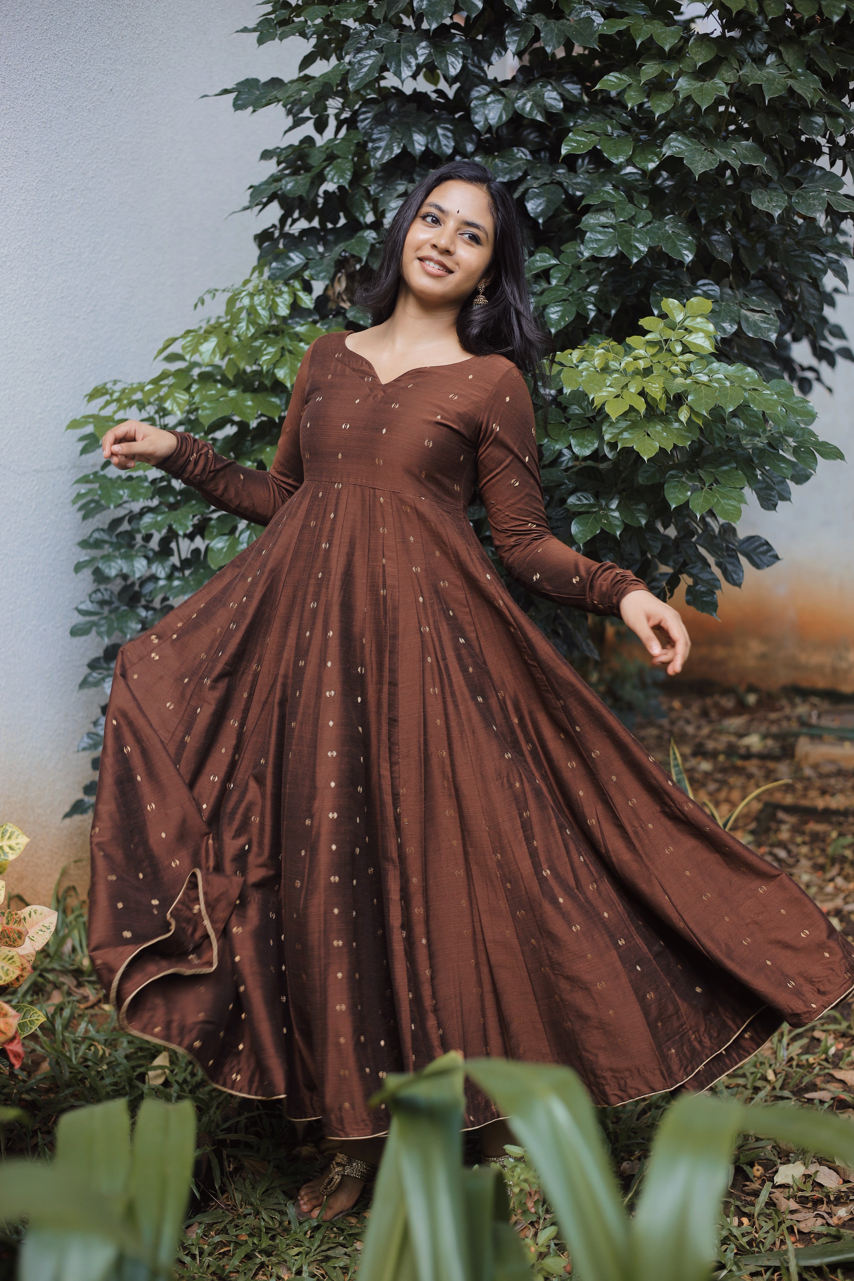 Instore - Brown South Cotton Full Flared Anarkali Kurti, Gathered Sleeves & Rich Festive Detailing.